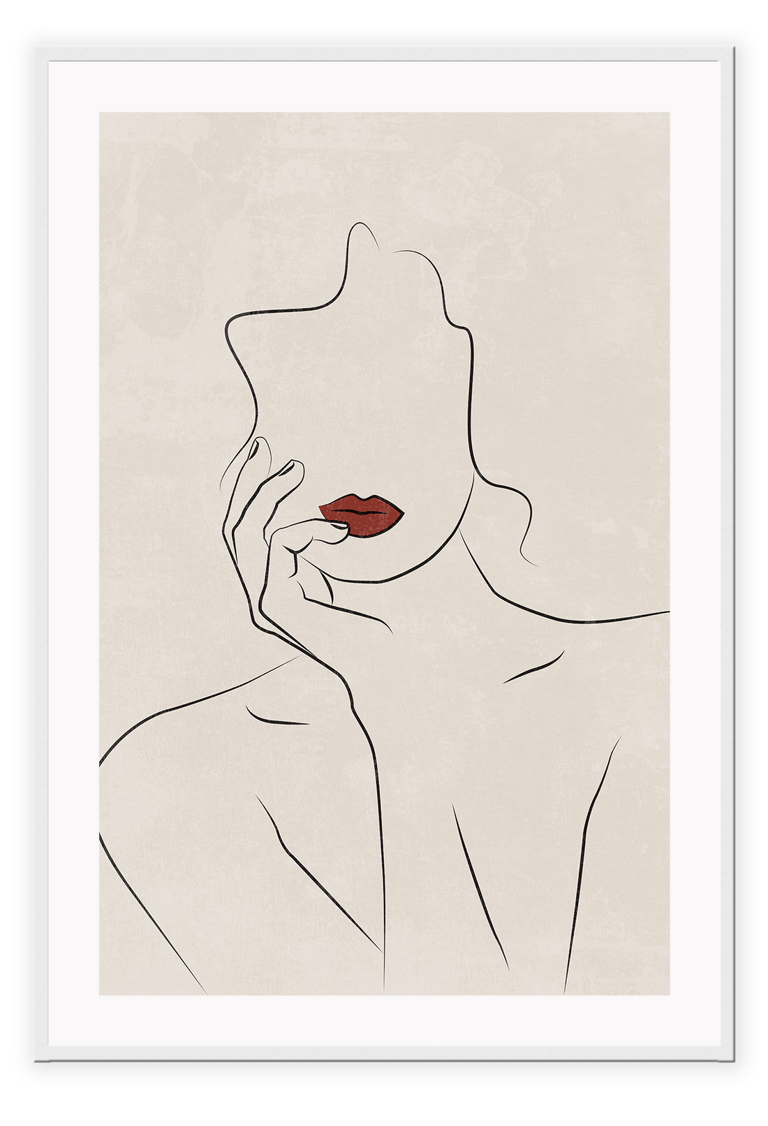 Portrait line art print woman outline black nude red lips beige textured background