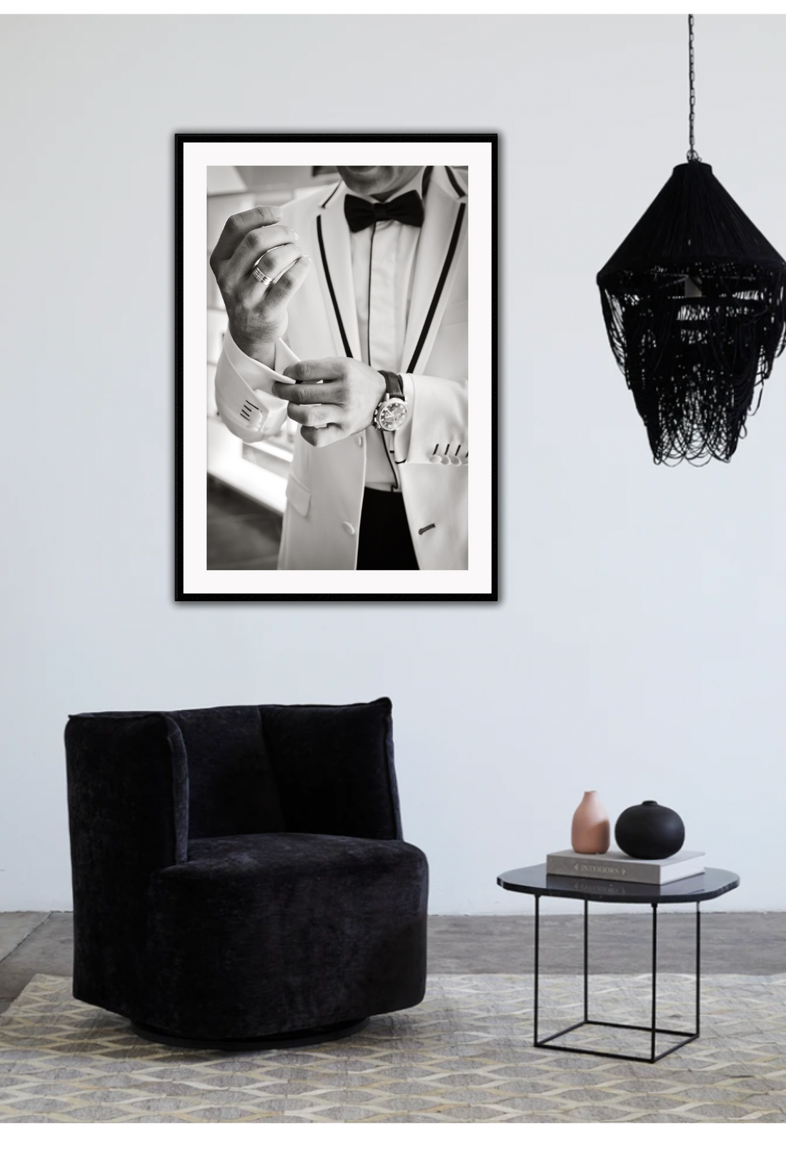 Photography fashion print man adjusting cufflinks on white suit jacket with expensive watch and bow tie 