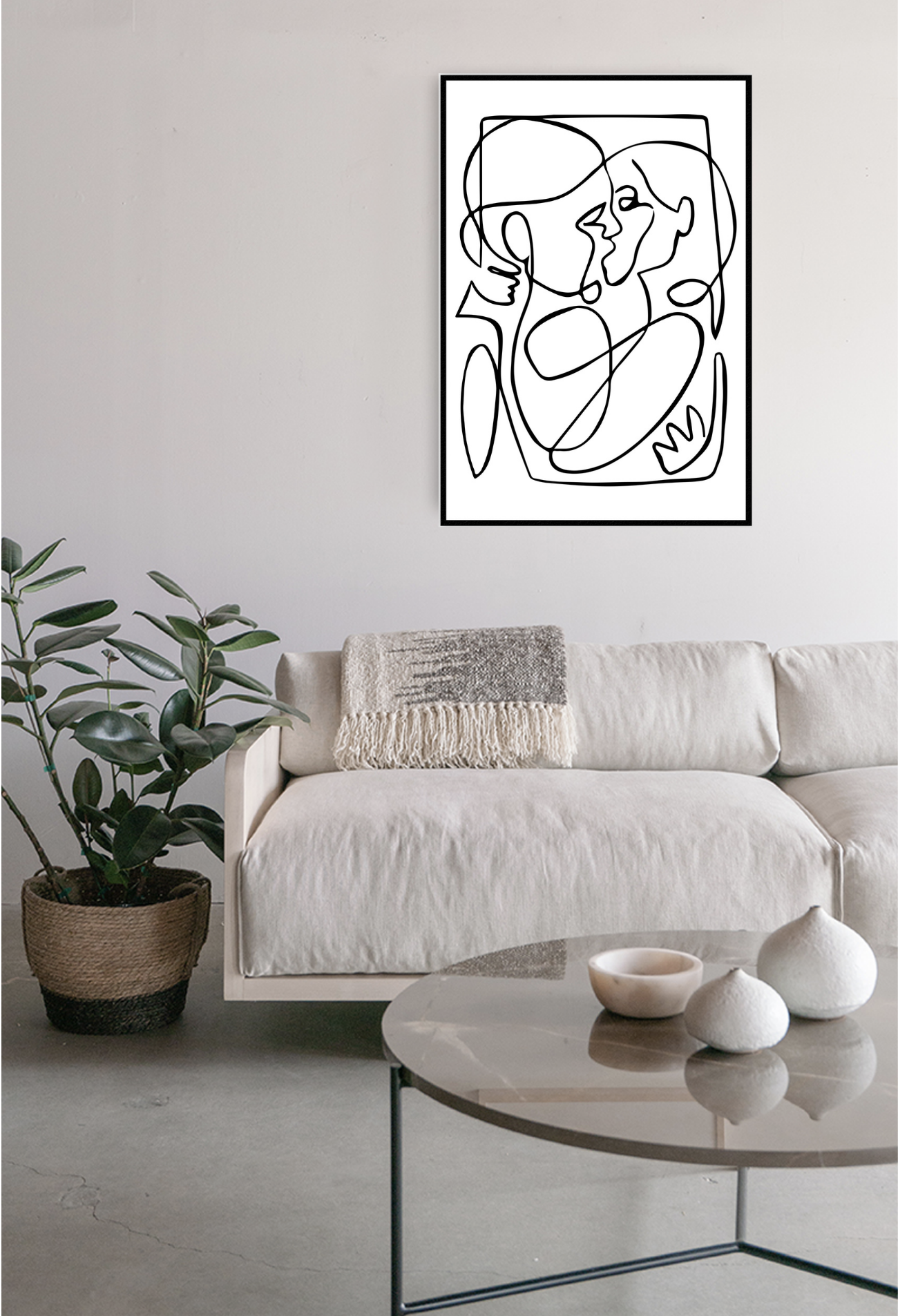 Minimal neutral abstract print with two figures in black squiggle kissing in embrace white background 