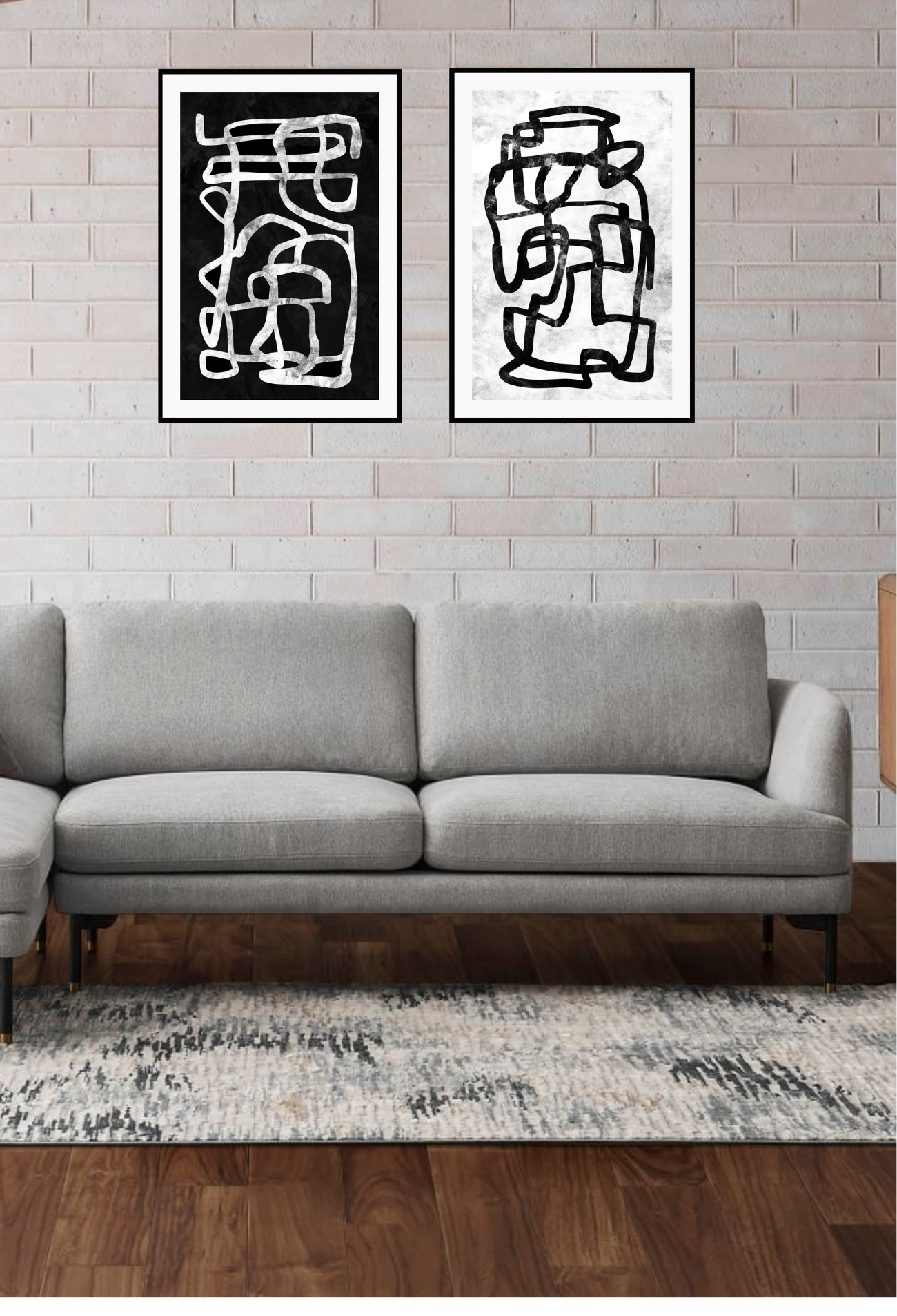 Modern abstract art print featuring a continuous white and grey squiggly line on a black background.