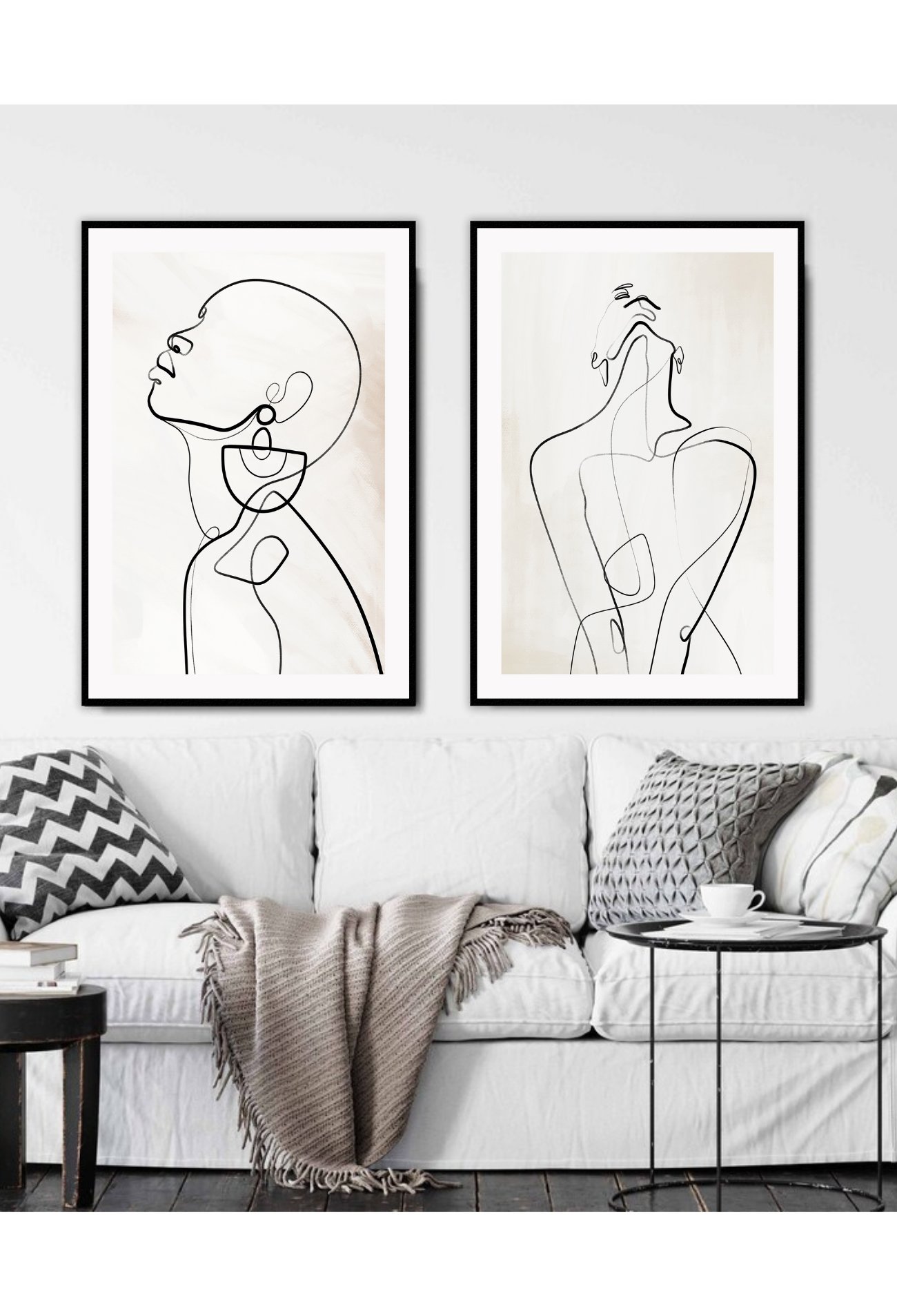 Modern line art sketch print woman portrait profile earring body bedroom shape lady black line cream background.