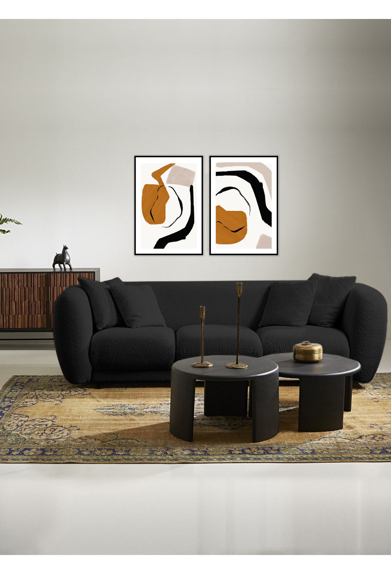 Abstract modern minimalist print portrait landscape with orange black and grey shapes on a white background.