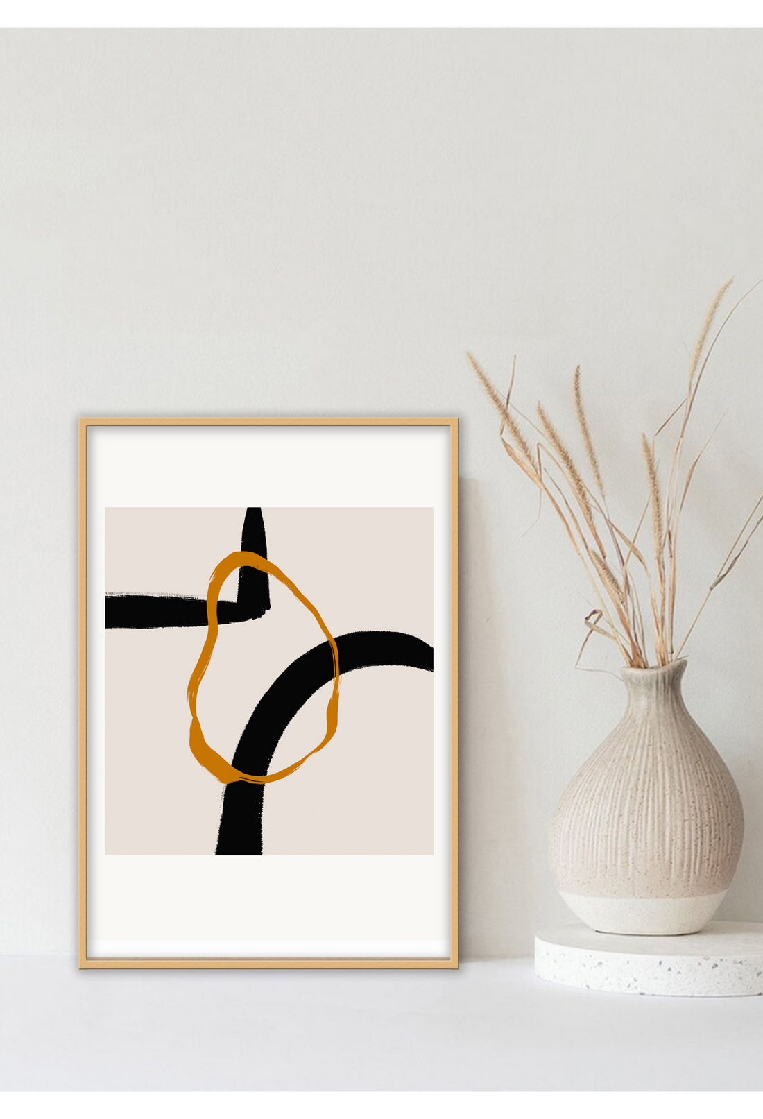 Abstract landscape portrait art print with cream square and orange round shape overlapping black lines in a white border.