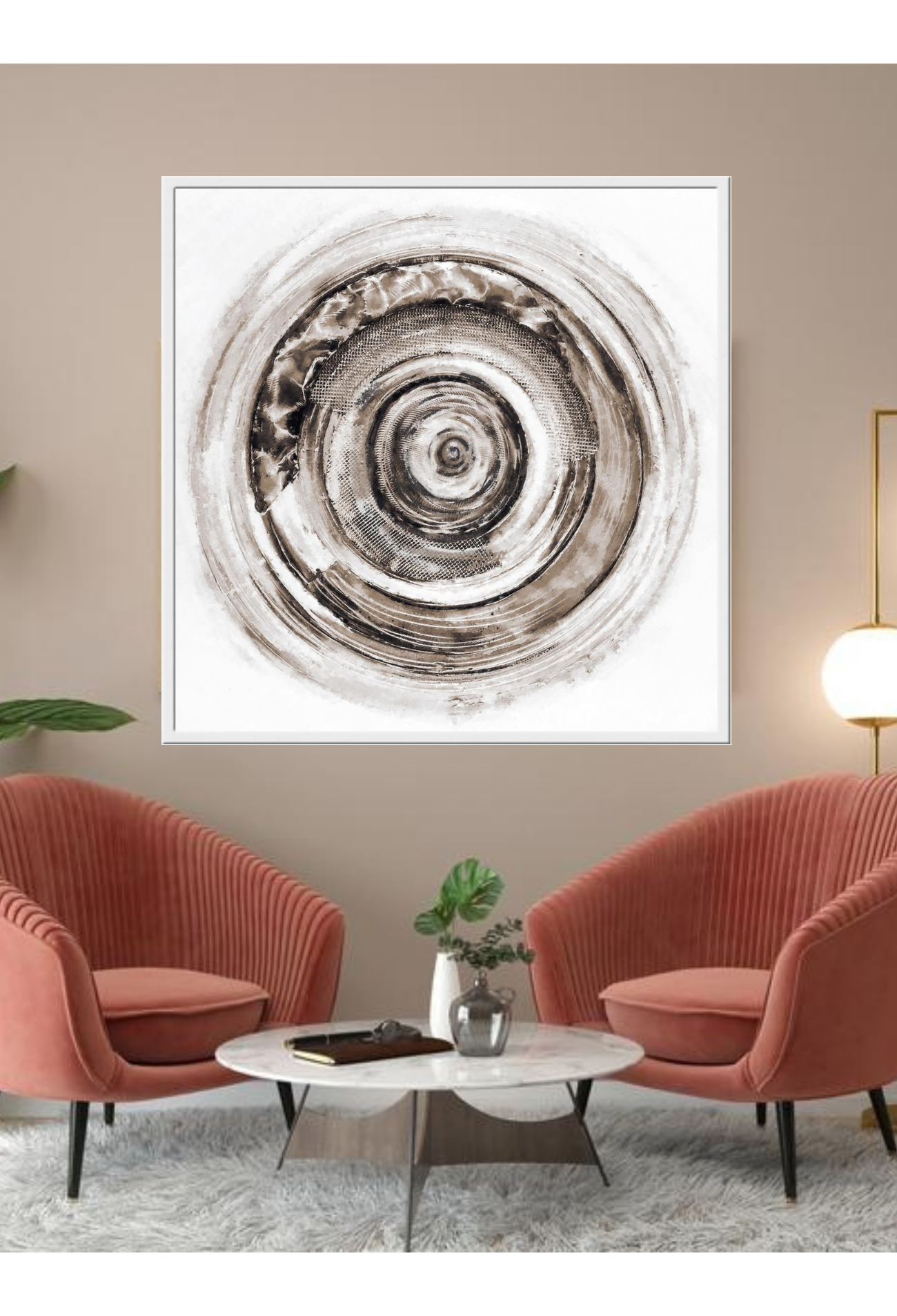 Abstract print with different sized circles in various textures and brown and black tones forming a swirl on white background