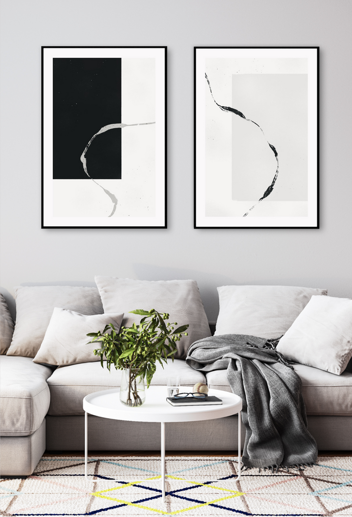 Abstract minimal style art print featuring a black rectange and grey paint stroke overlapping on a white background.