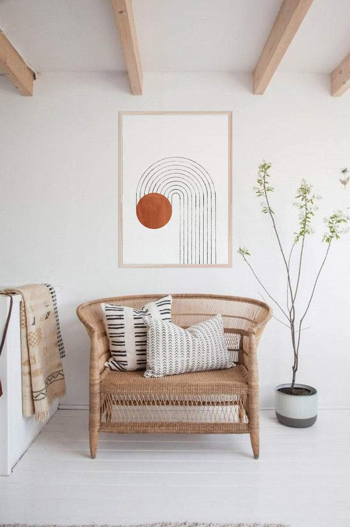 Scandi modern style print portrait landscape grey lines arch rust circle water textured white background.