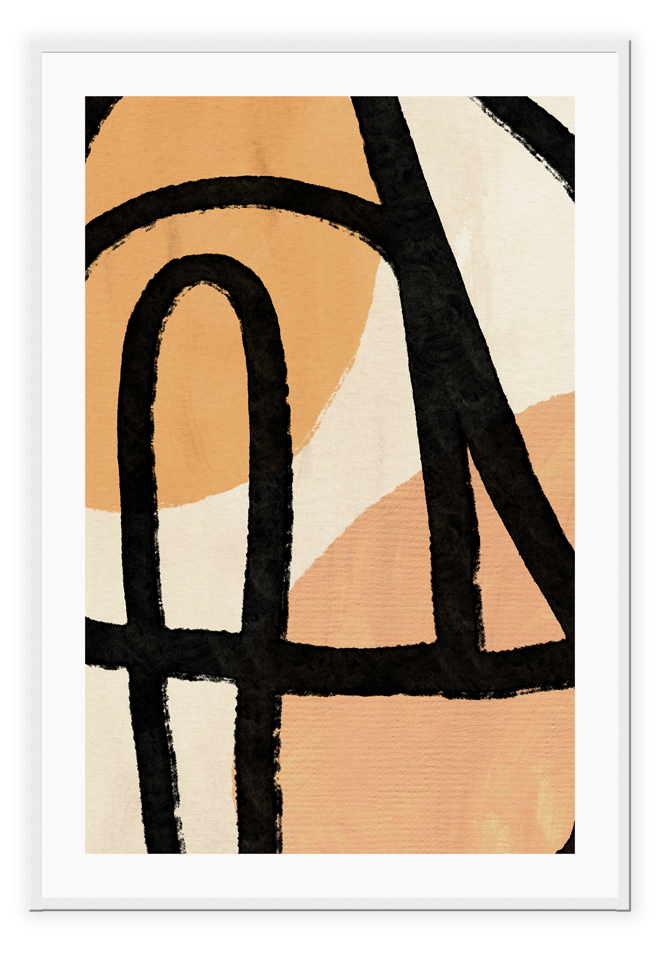 Abstract modern art print portrait landscape with black brushstroke line on top of orange and beige textured shapes.