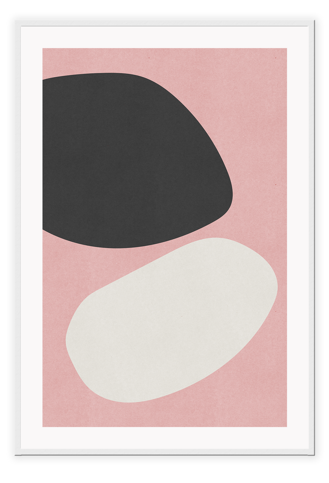 An abstract wall art with black and off-white curvey shapes on dusty pink background. 