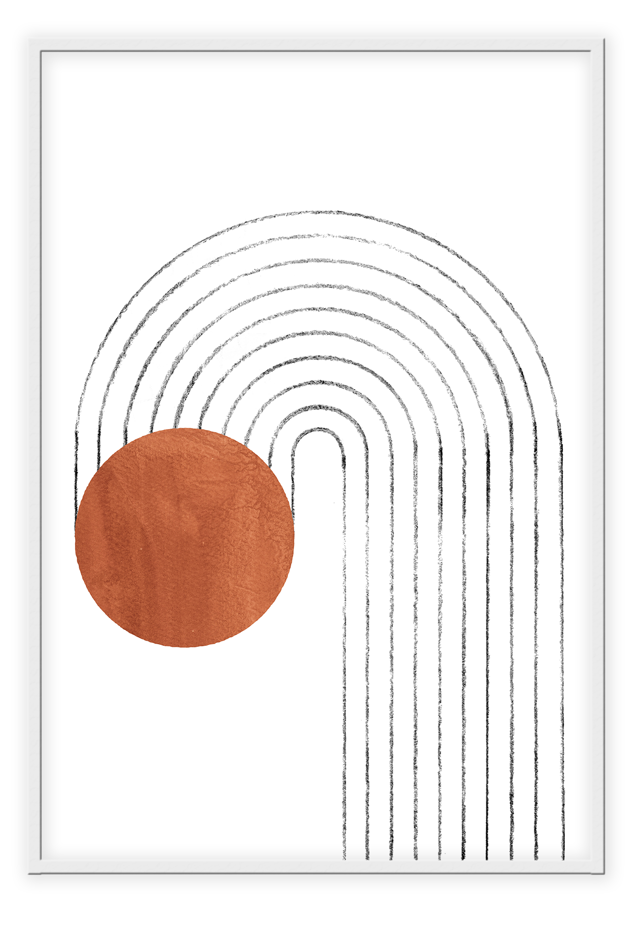 Scandi modern style print portrait landscape grey lines arch rust circle water textured white background.