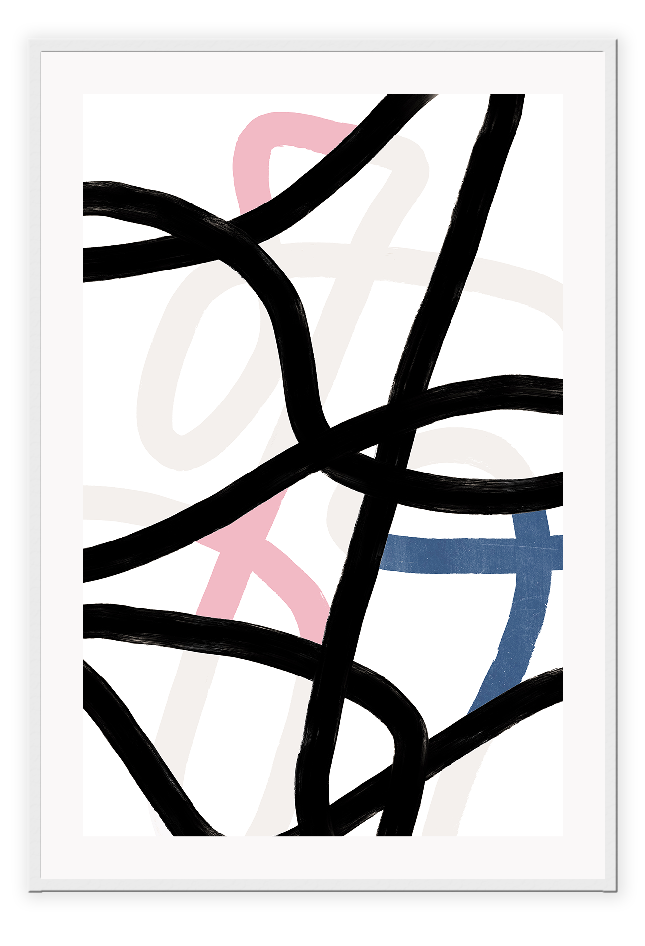 Abstract art print with blush, navy, black and neutral tones with squiggle lines randomly placed 