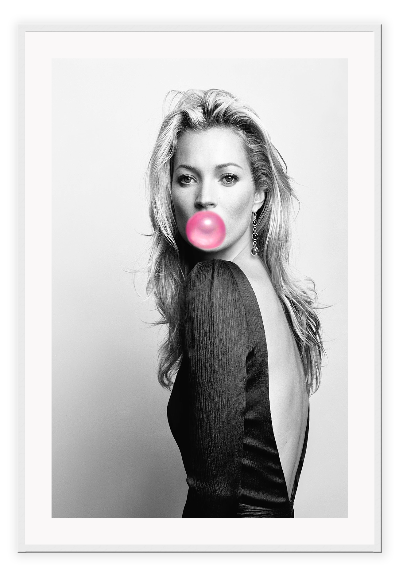 An iconic fashion wall art with 90s English model Kate Moss and pink bubble gum.