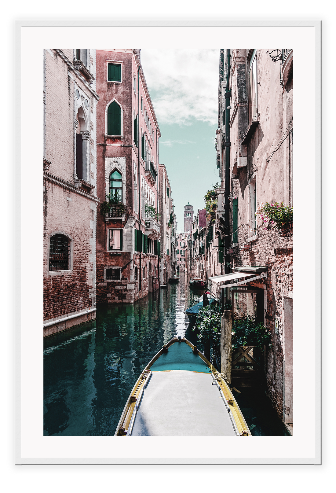 Boat travelling canal in italy blue and pink tones clouds in the sky portrait print 