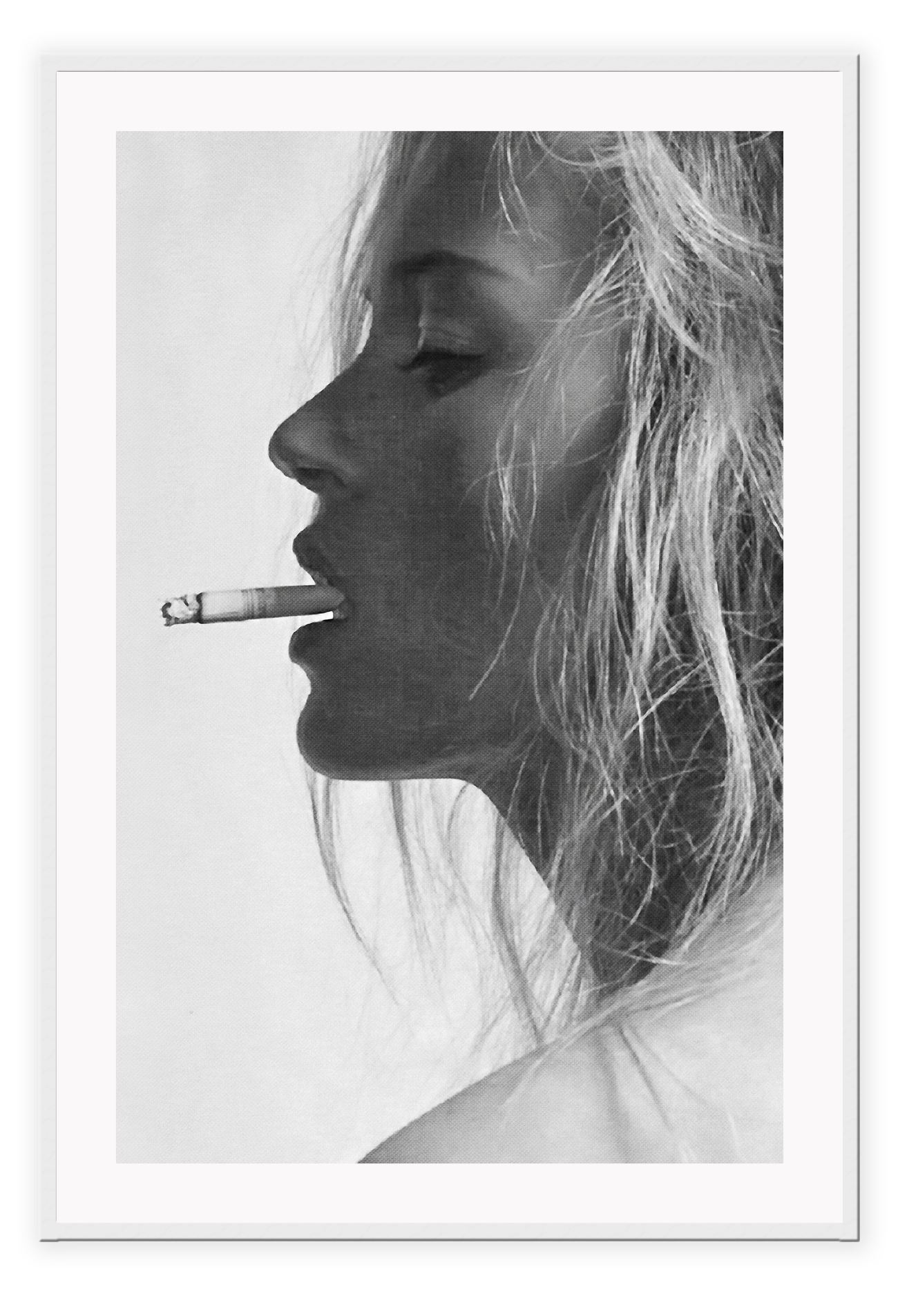 A black and white fashion  photographic wall art with iconic 90s model Kate Moss smoking cigarette.