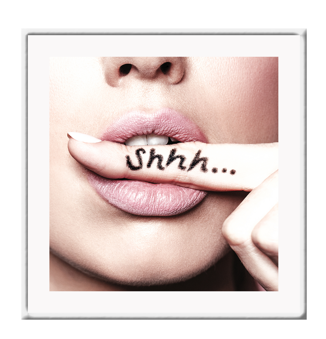 A fashion wall art with a sexy woman biting her finger saying shhh be quiet. 