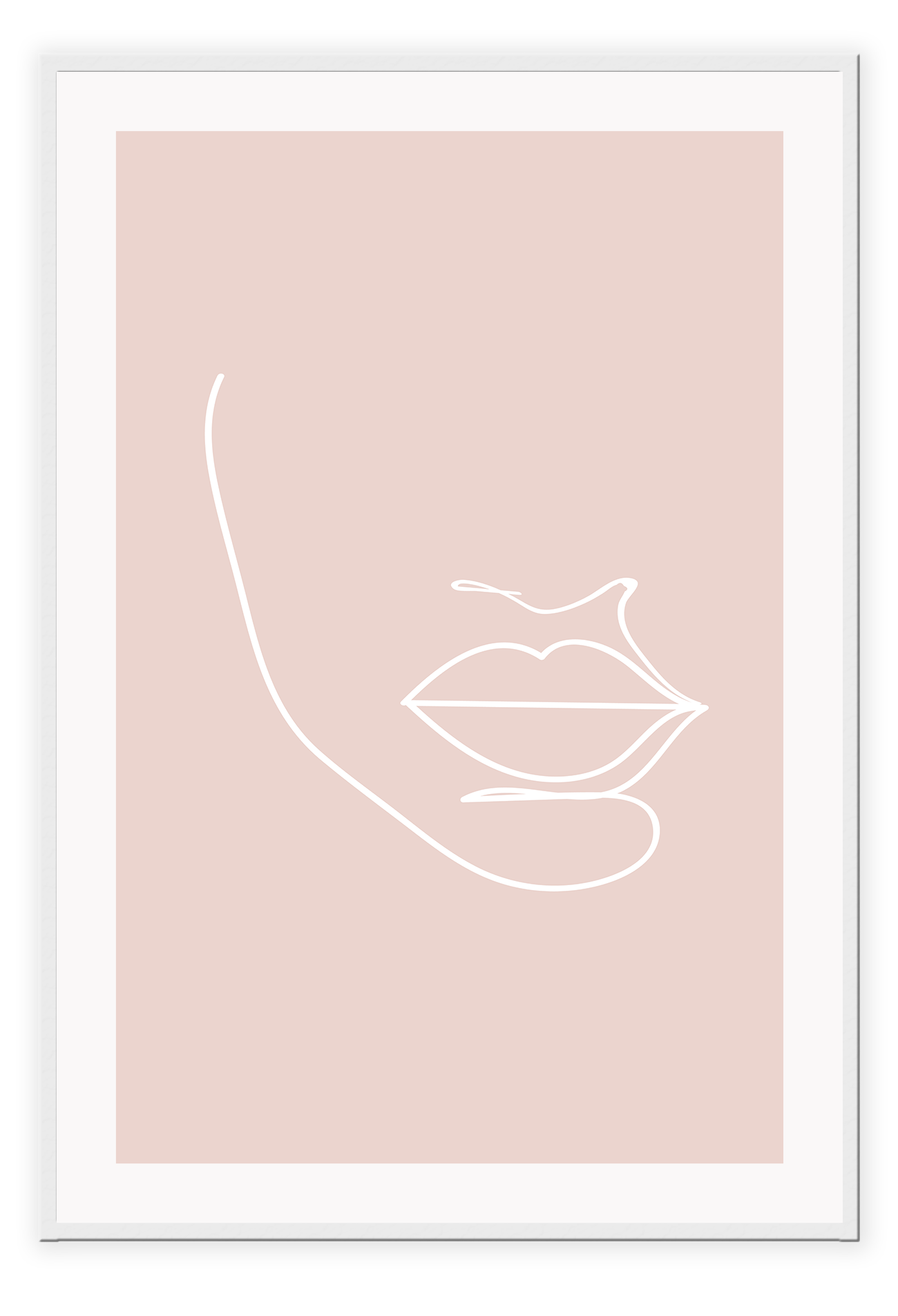 Line art print pink background and white line forming a face minimal 