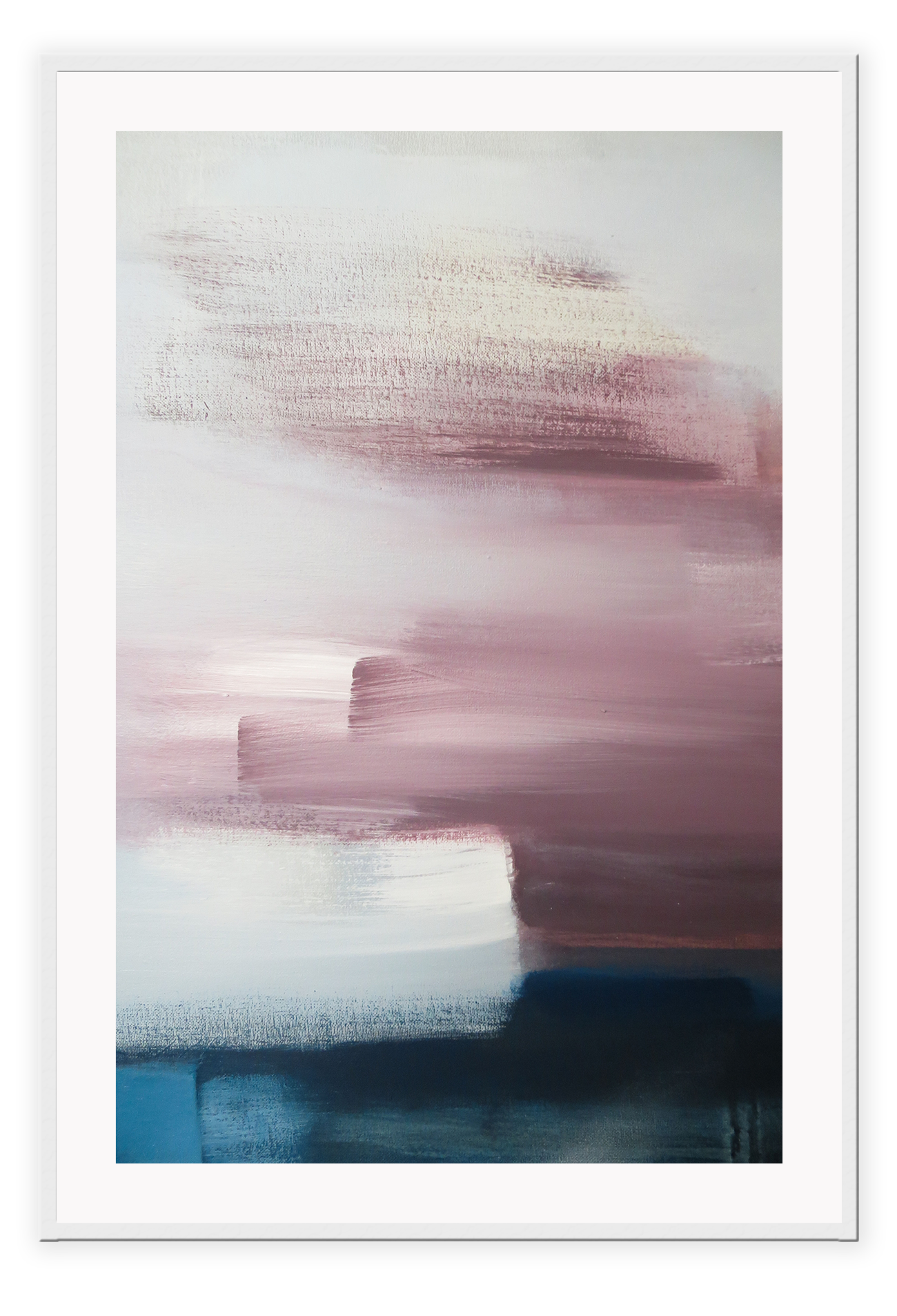 An abstract wall art with white, pink, navy, grey acrylic brushes. 