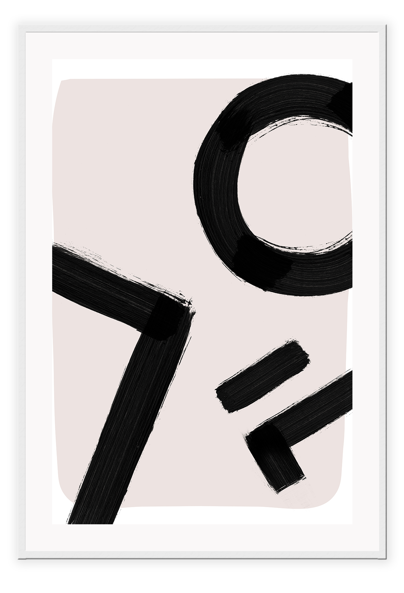 An abstract wall art with black ink brush lines on pink and white background.