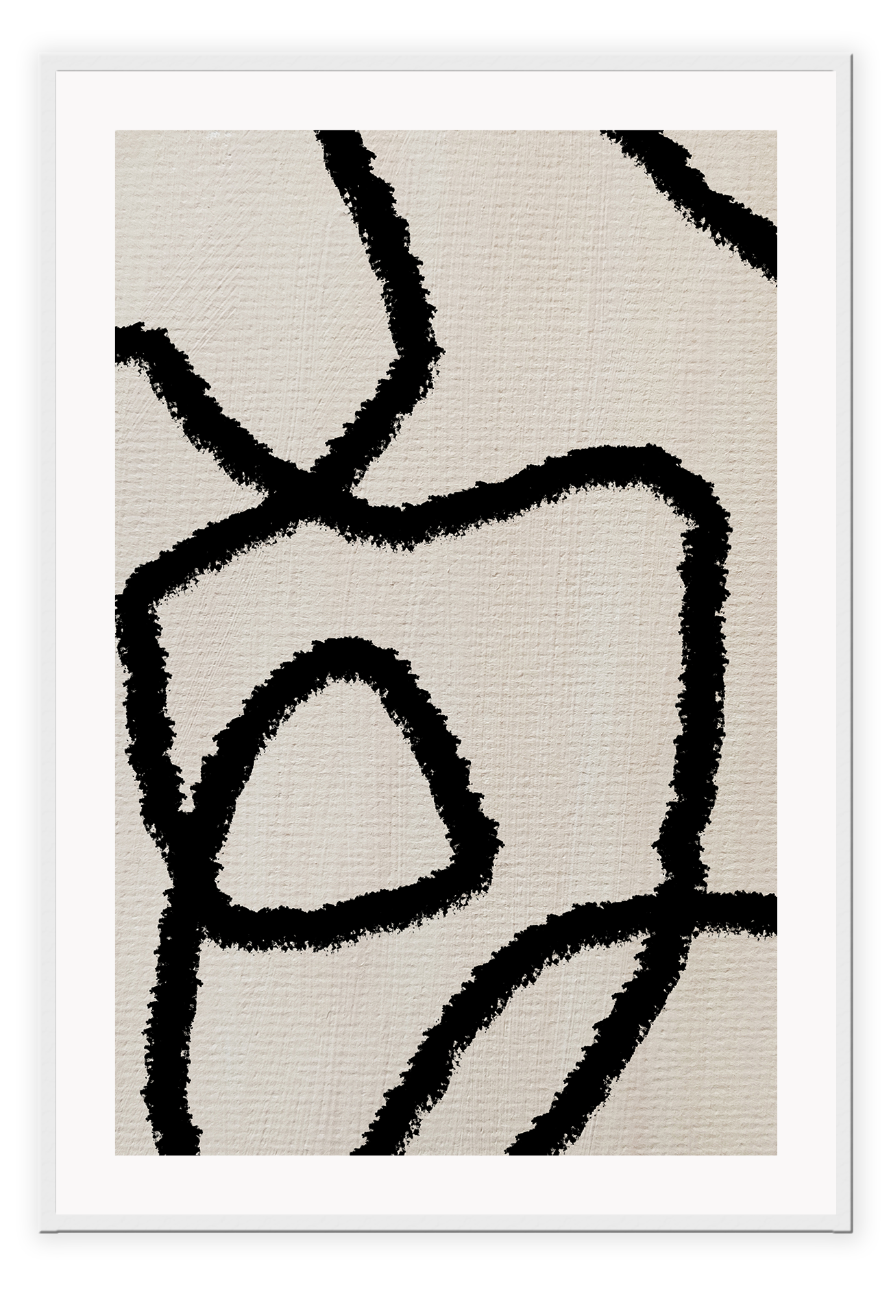 Textured abstract print with four random black squiggly lines on a light grey background.