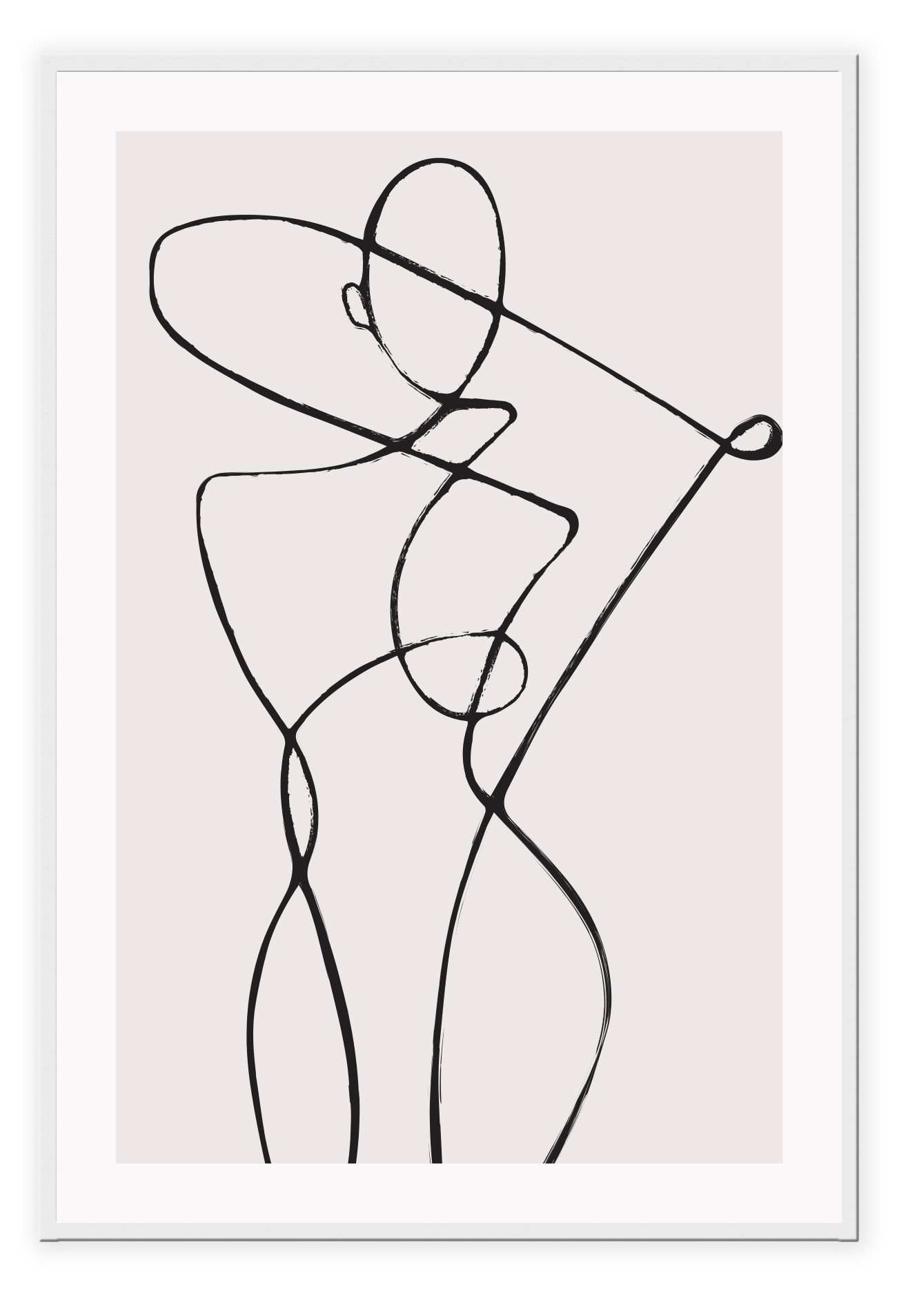 Line art print with black line creating female silhouette on a light pink background  