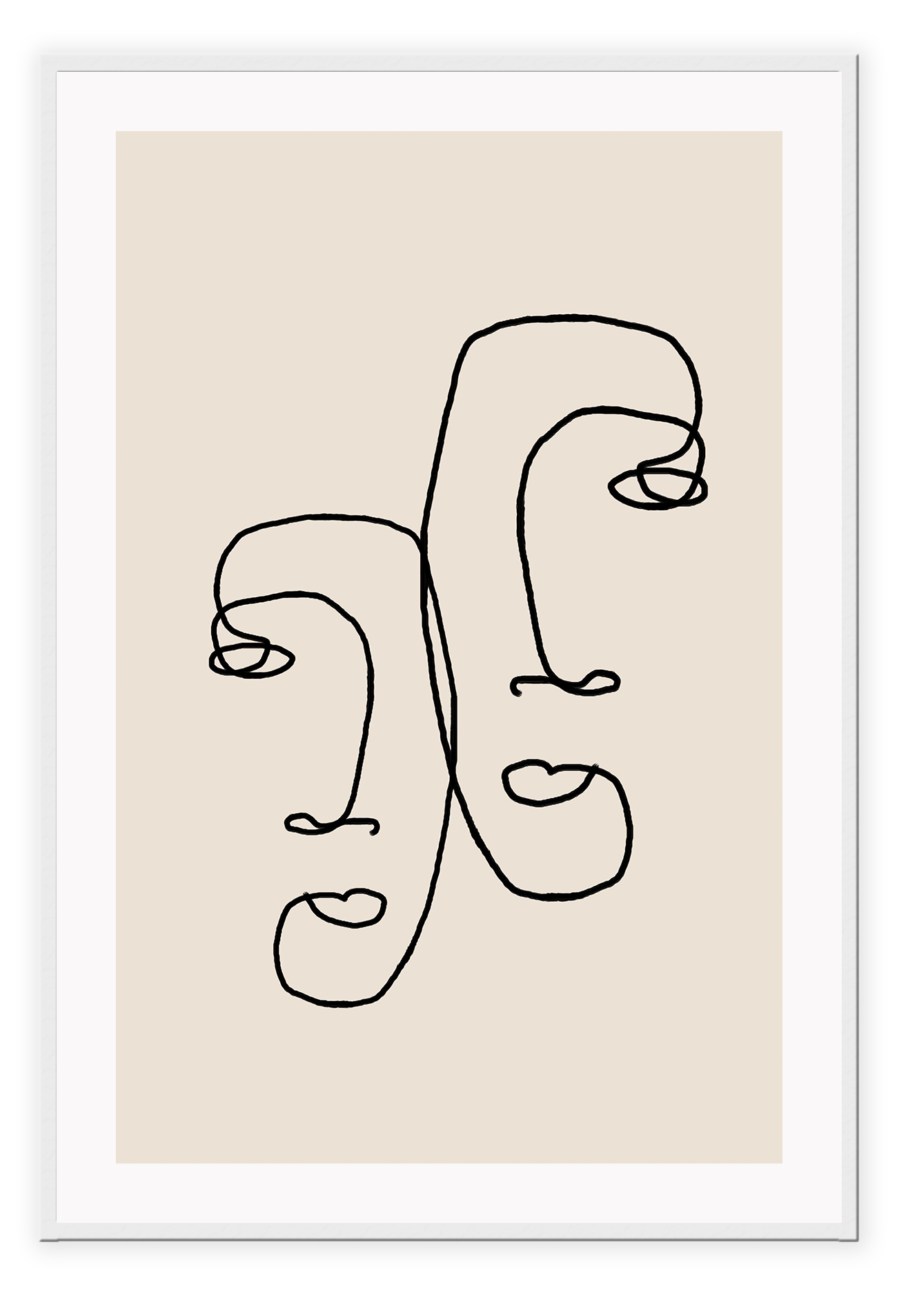 Abstract print line art faces two black line beige background modern simple minimal