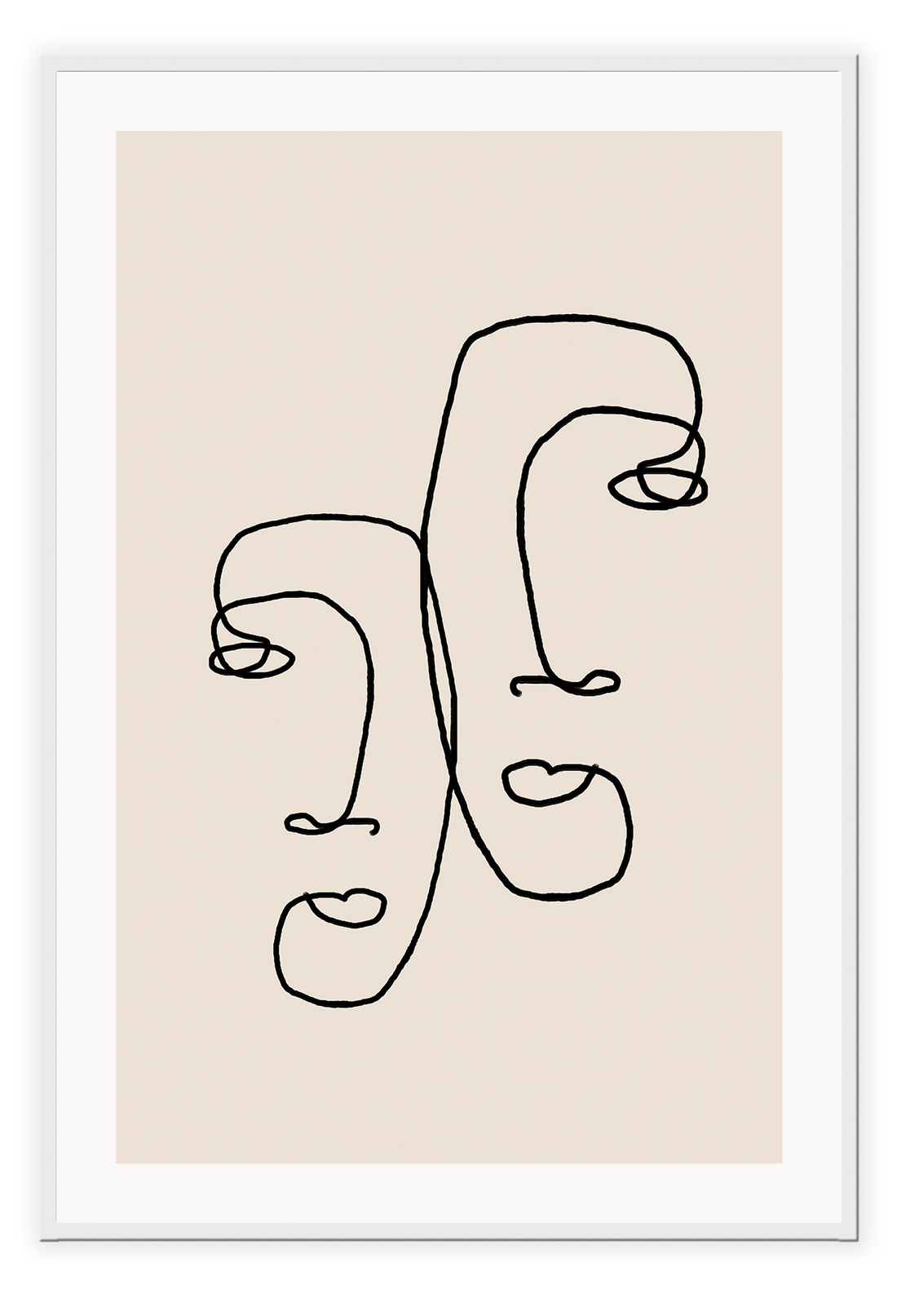 Abstract print line art faces two black line beige background modern simple minimal