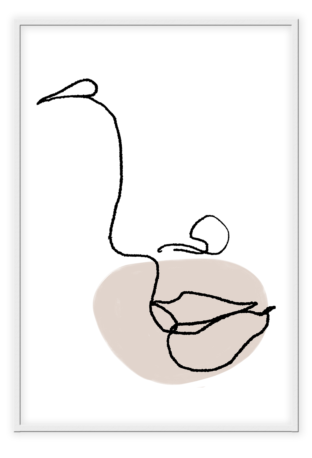 Line art abstract modern profile face white background with black outline and nude circle around lips