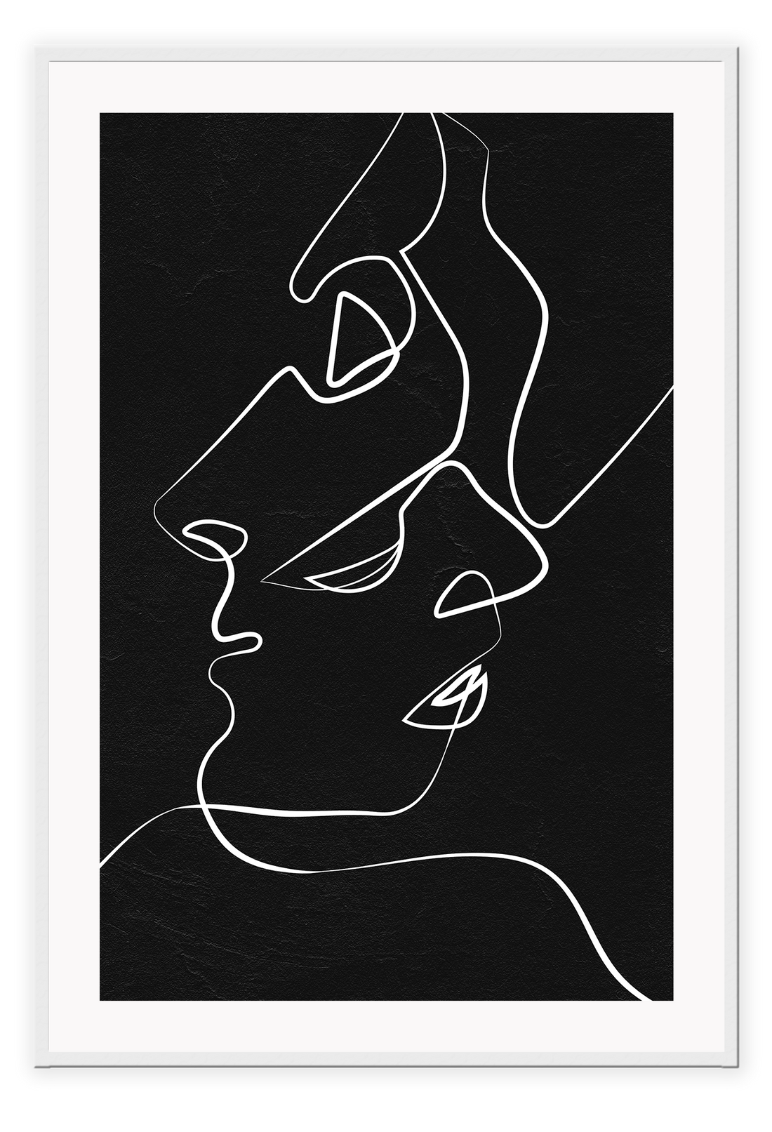 An abstractprint white line drawing of a kissing love scenario on black background