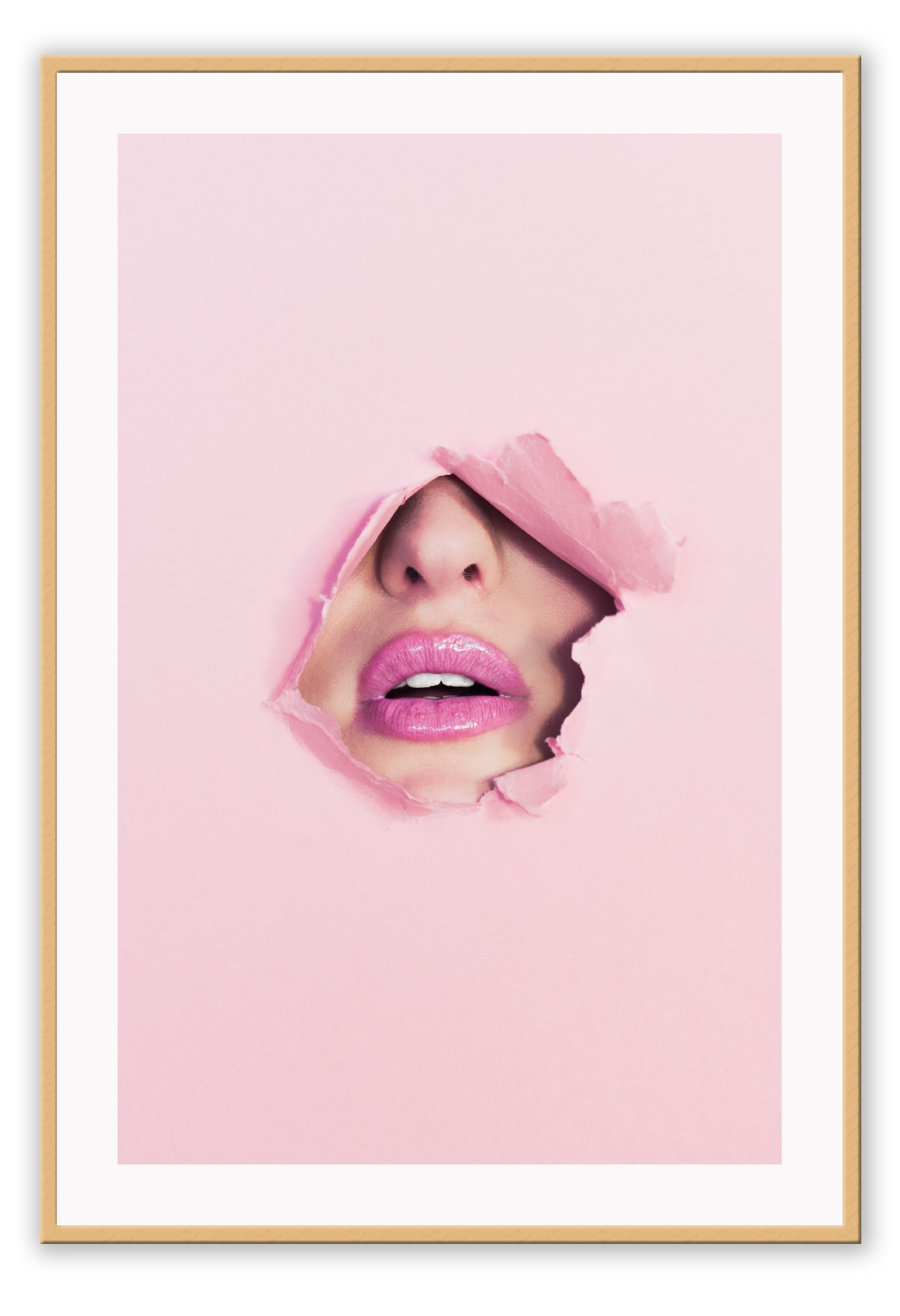 A pink wall art with fashion model face and pink lips. 