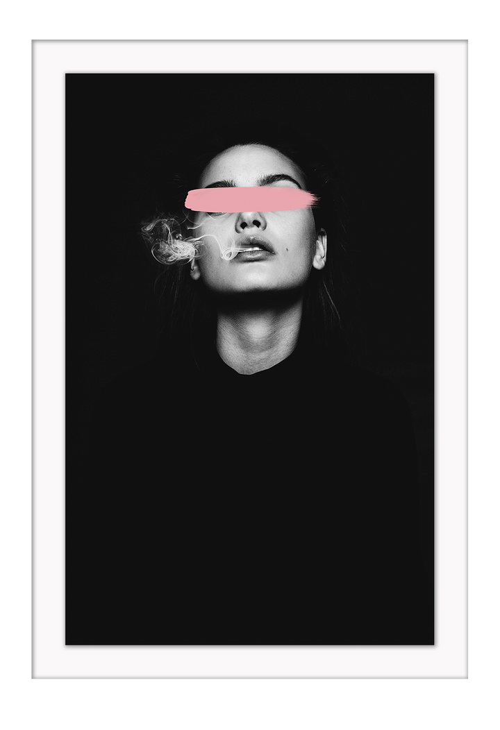 A cutting edge fashion wall art with a sexy smoking lady and pink brush stripe crossing over her eyes on a dark, mysterious cinematic background.