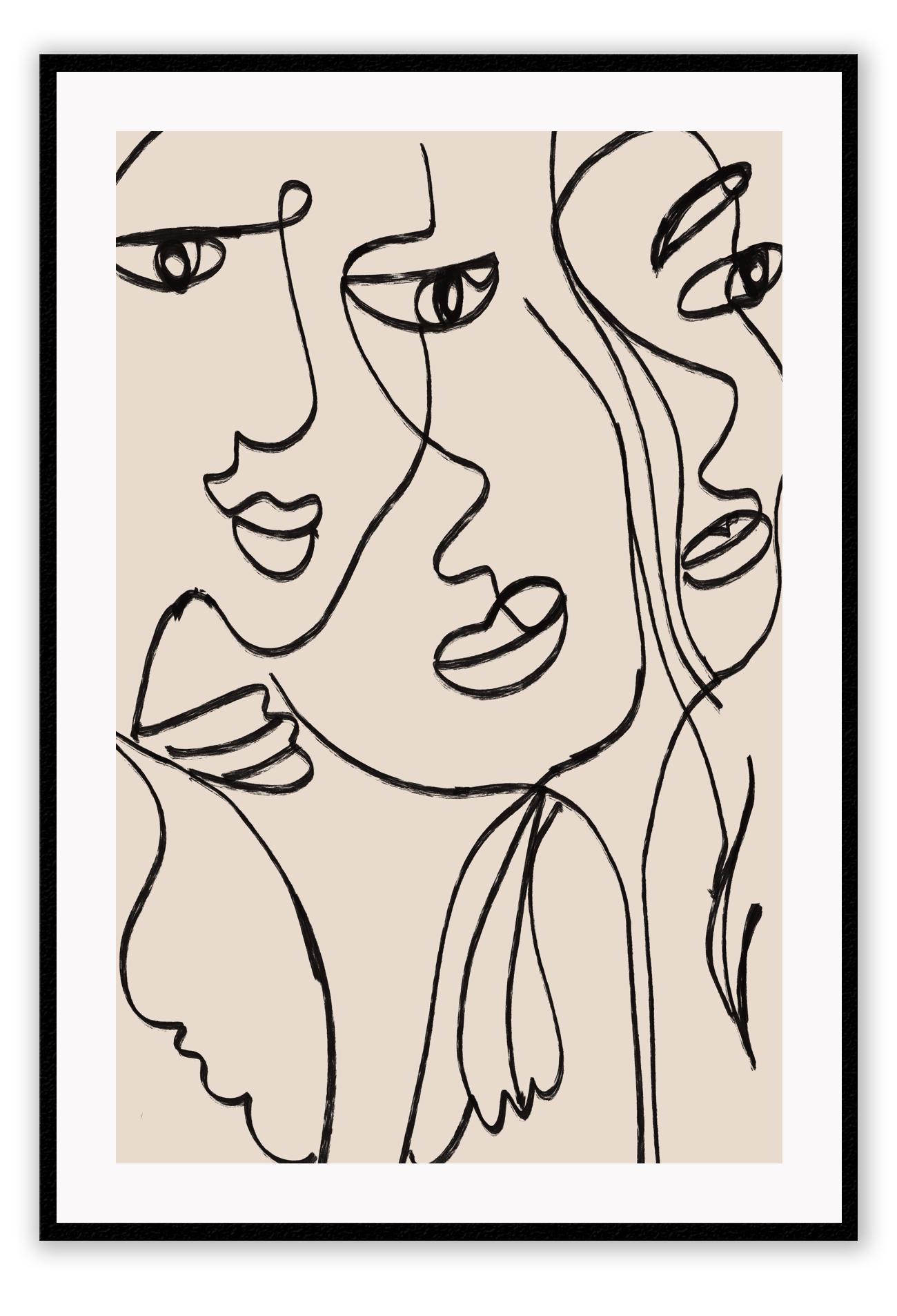 Line art print portrait with abstract faces in black with beige background 
