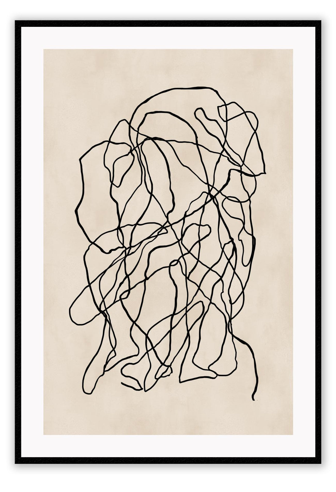 Minimal abstract modern portrait landscape print style small black squiggle lines overlapping cream beige background.