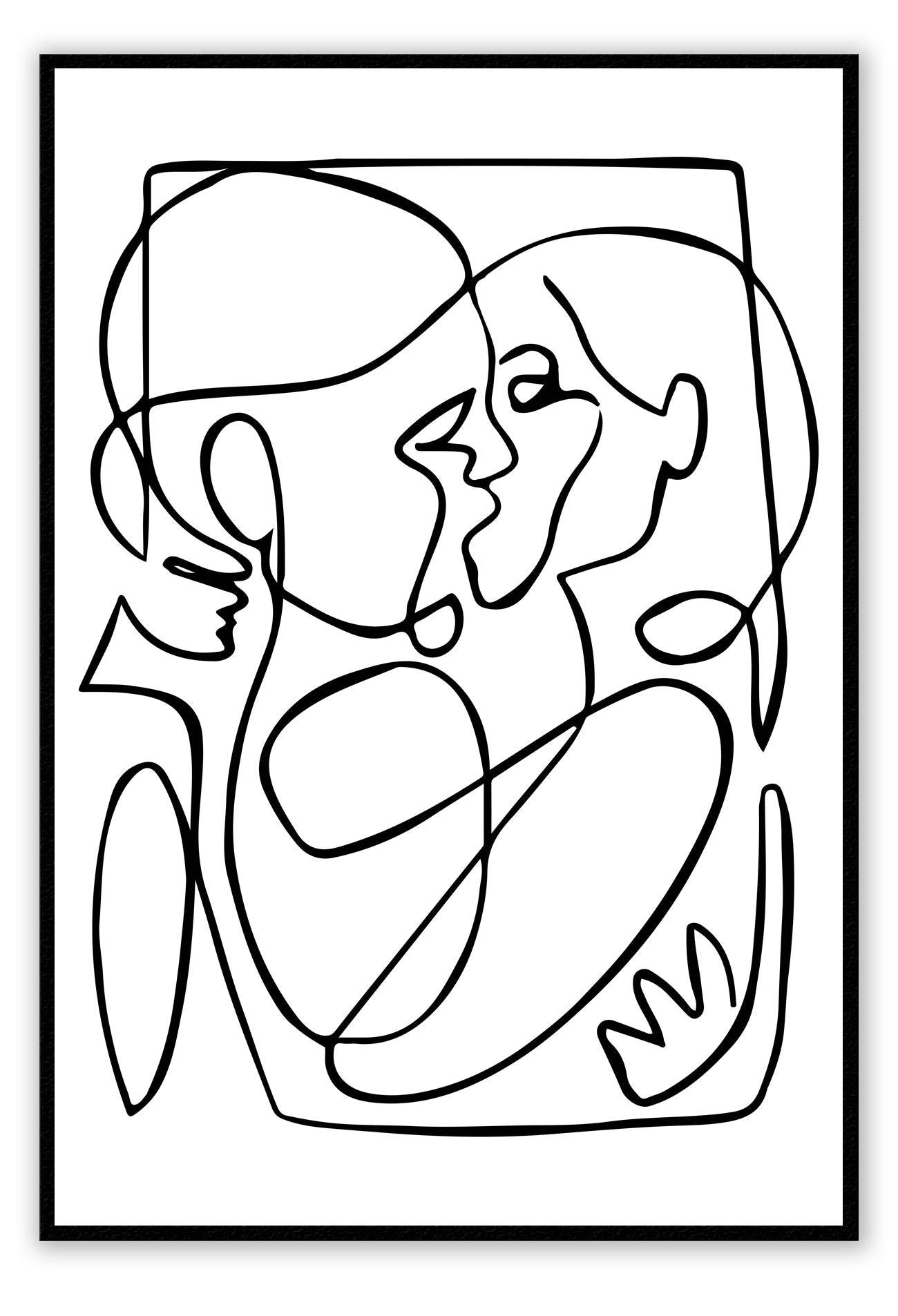 Minimal neutral abstract print with two figures in black squiggle kissing in embrace white background 