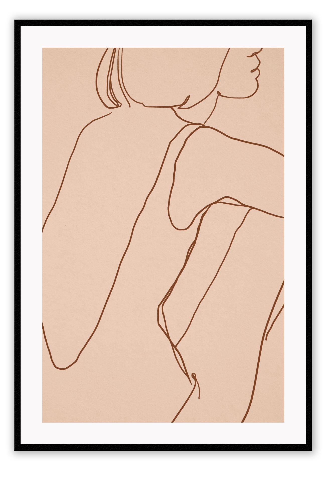 Line art print with a pink background and brown outline of a woman wearing a swimsuit sitting down 