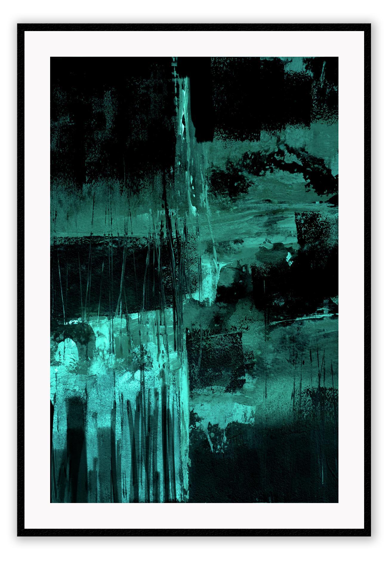 Emerald green abstract print with black background and silver tones in minimal moody style 