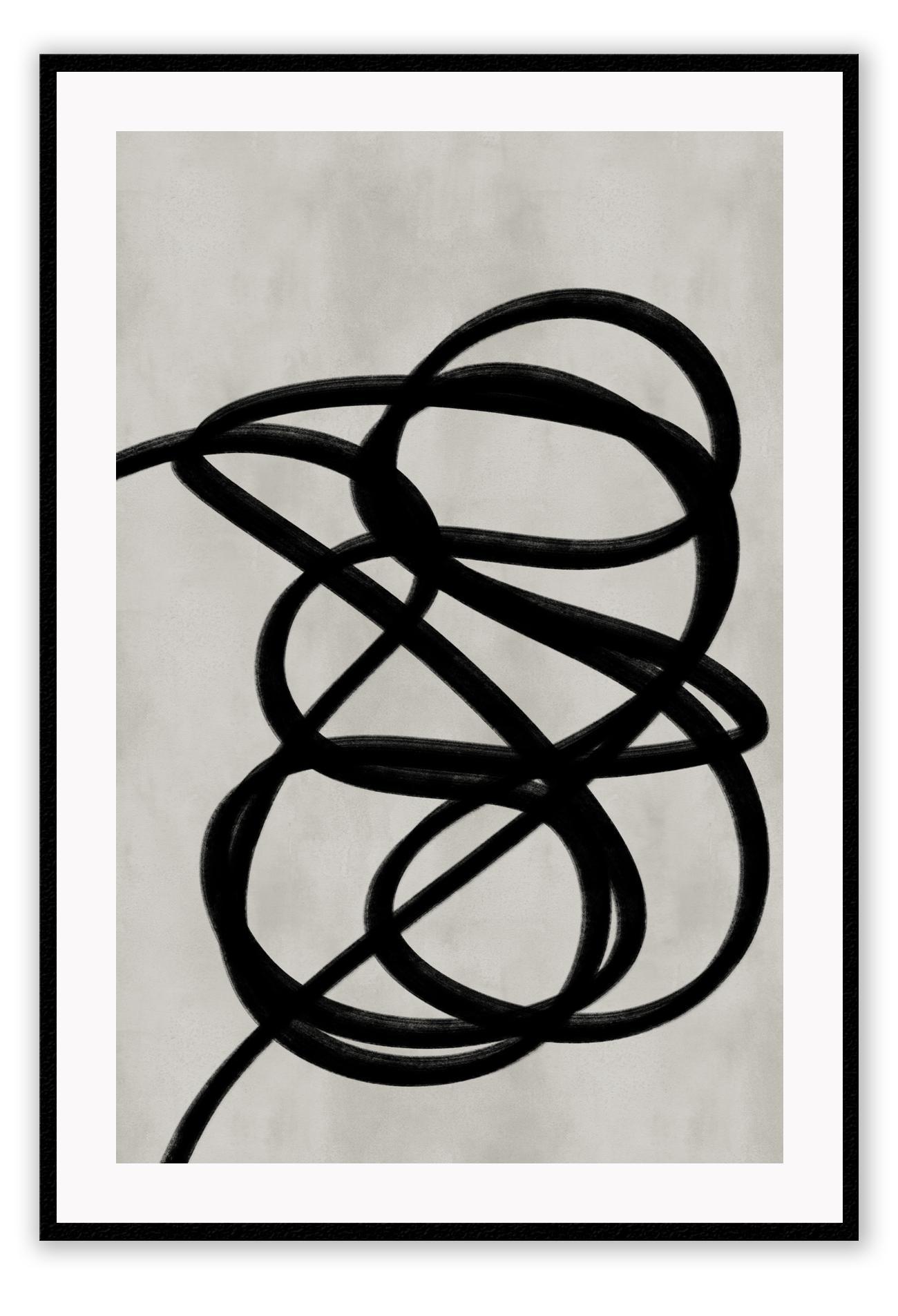 Abstract minimal portrait landscape print with black sqiggle and grey textured background 