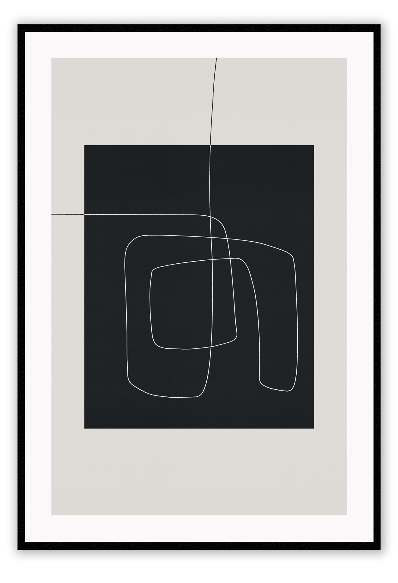 Abstract minimal print with black rectangle in middle with small white line on beige background with neutral tones 