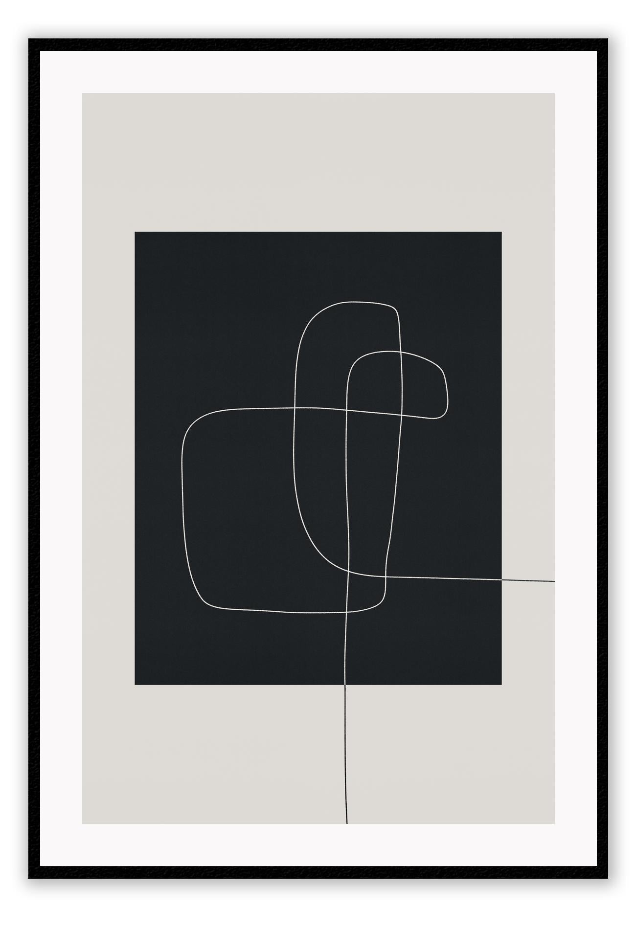 Abstract minimal print with black rectangle in middle with small white line on beige background with neutral tones 