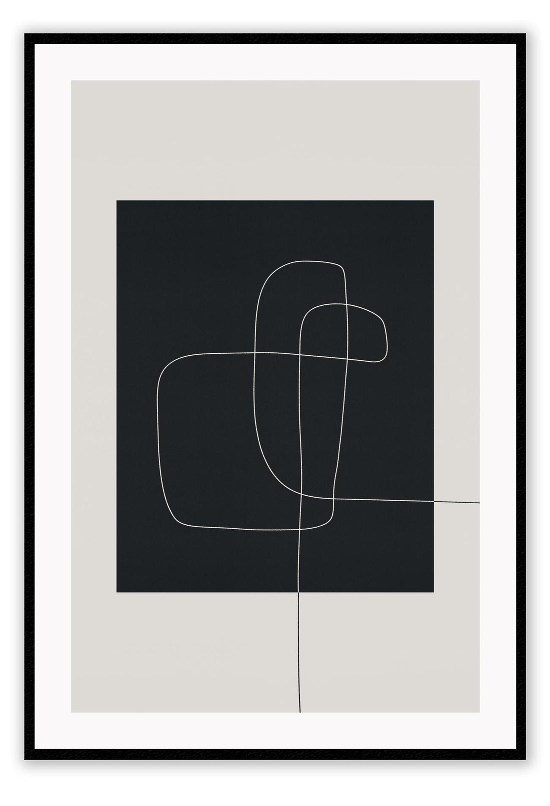Abstract minimal print with black rectangle in middle with small white line on beige background with neutral tones 