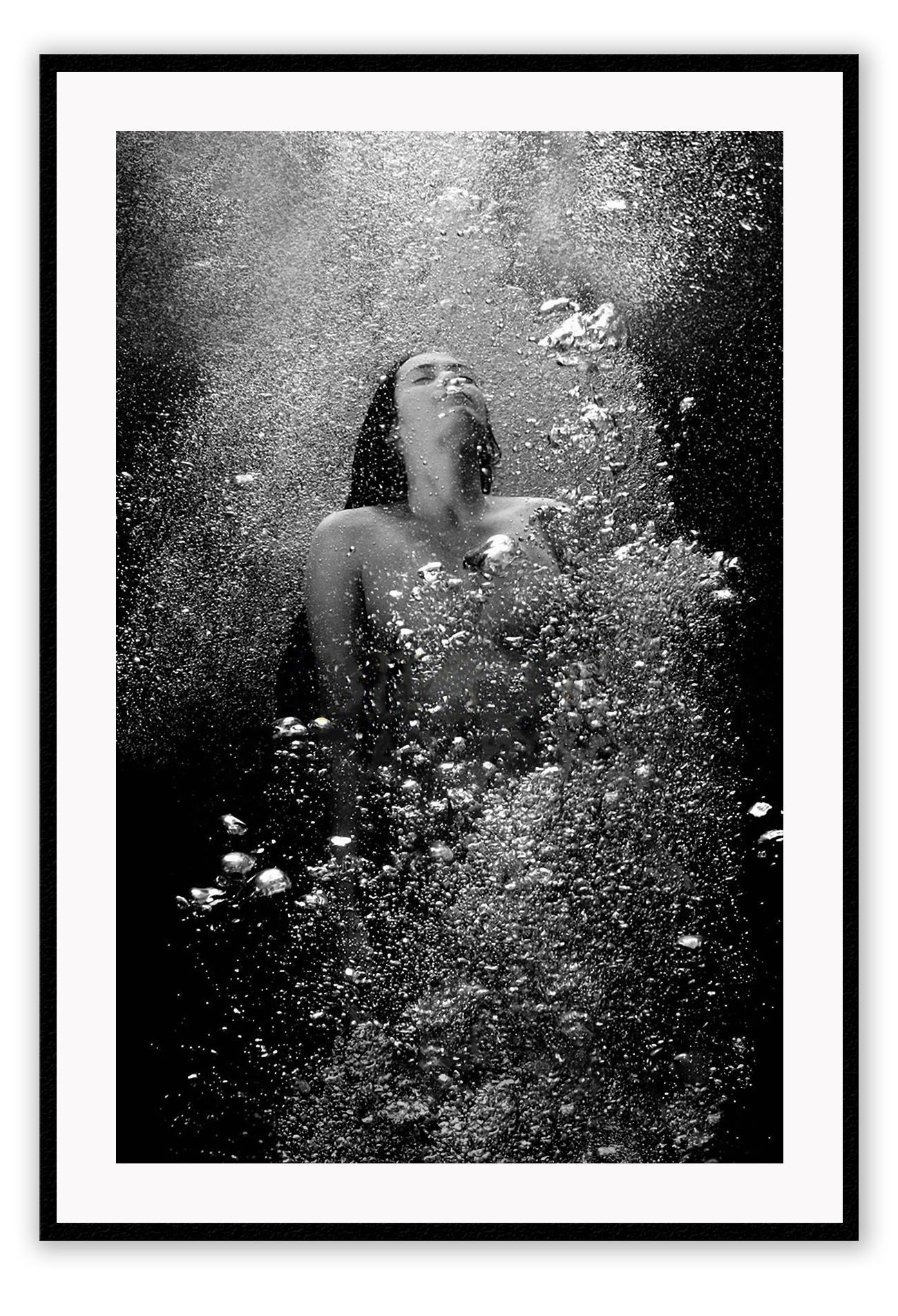 Photography print woman in water black and white bubbles rising swimming moody