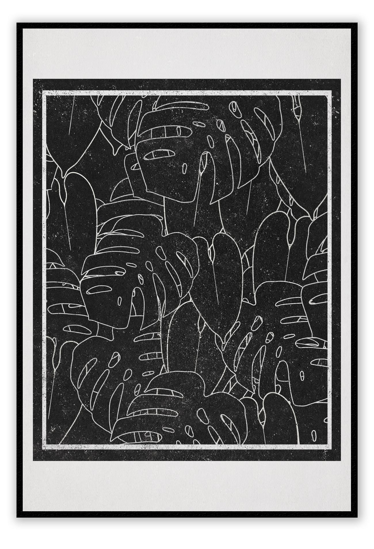 Modern scandi style print with white outlines of monstera leaves on a black background surrounded by a cream border.