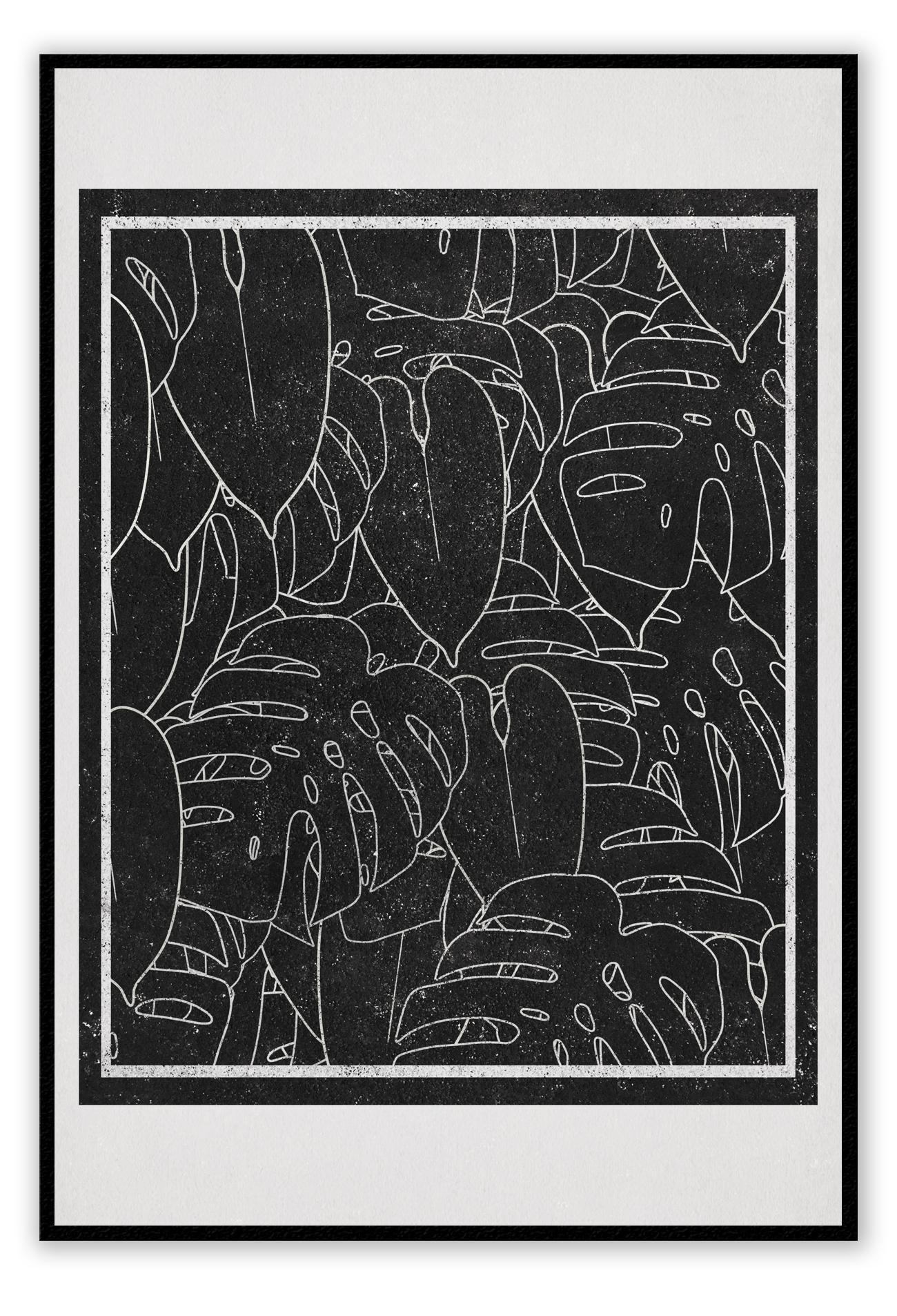 Modern scandi style print with white outlines of monstera leaves on a black background surrounded by a cream border.
