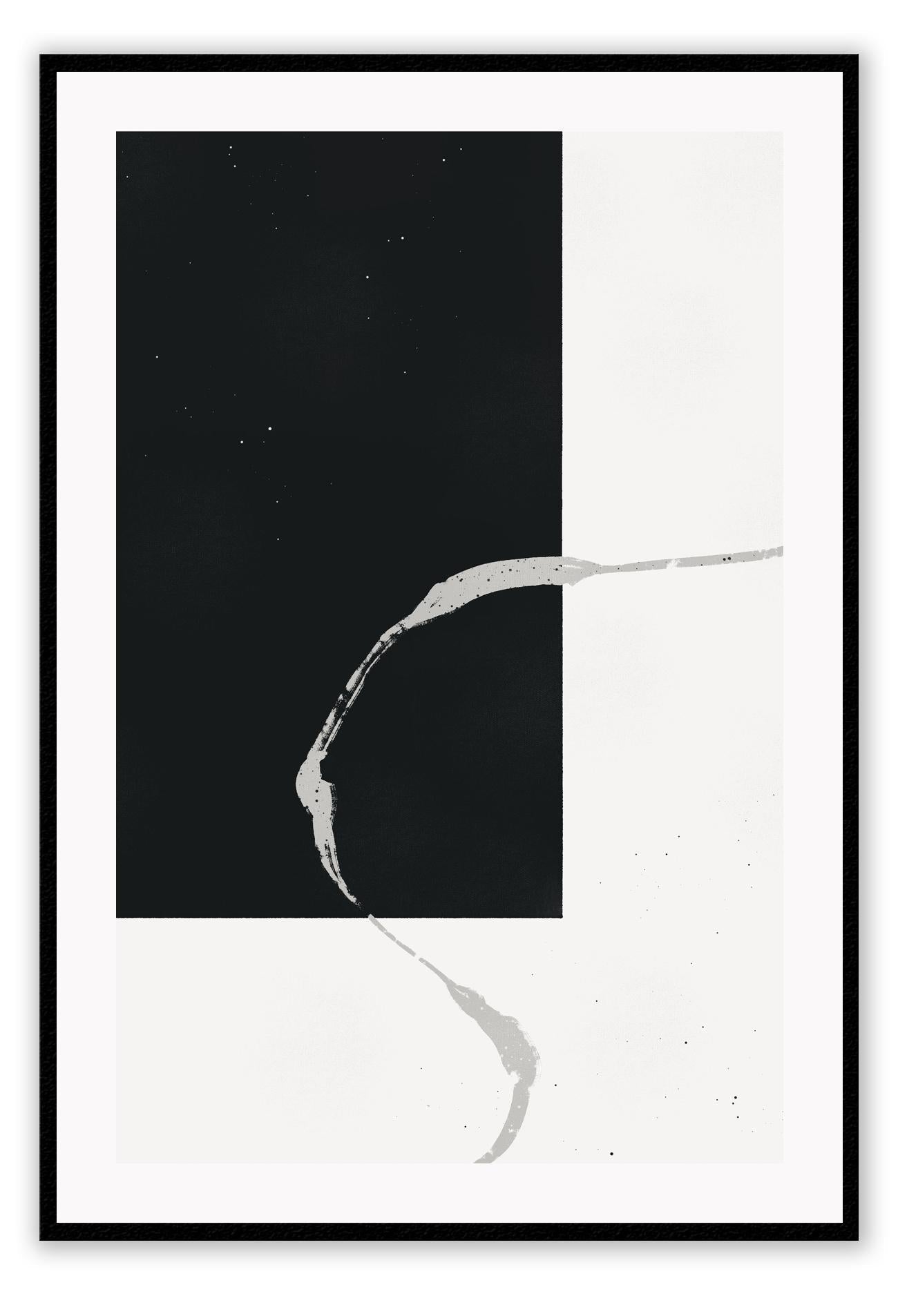 Abstract minimal style art print featuring a black rectange and grey paint stroke overlapping on a white background.