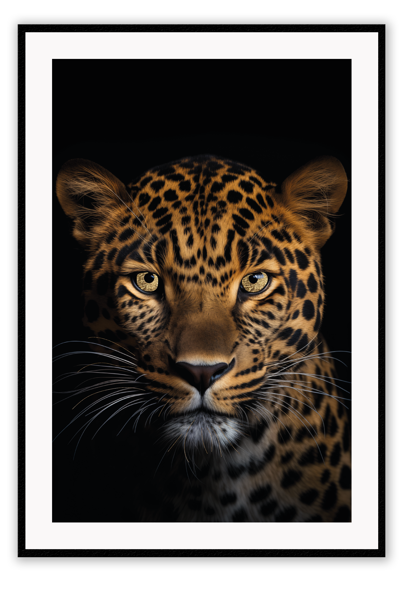 A framed print of a jaguar with a high quality custom matte black frame