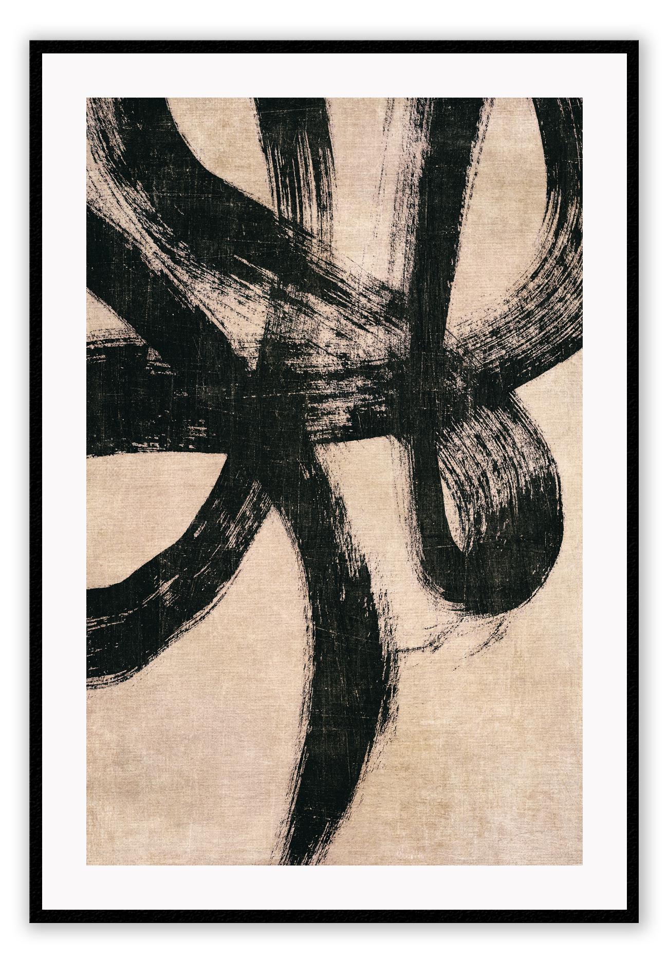 Abstract print with black brushstokes squiggle lines on textured paper with beige background in moody minimal style 