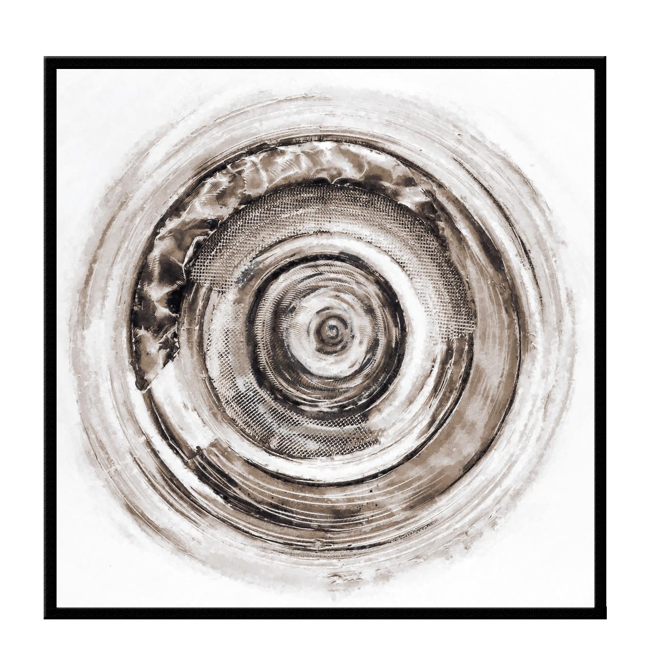 Abstract print with different sized circles in various textures and brown and black tones forming a swirl on white background