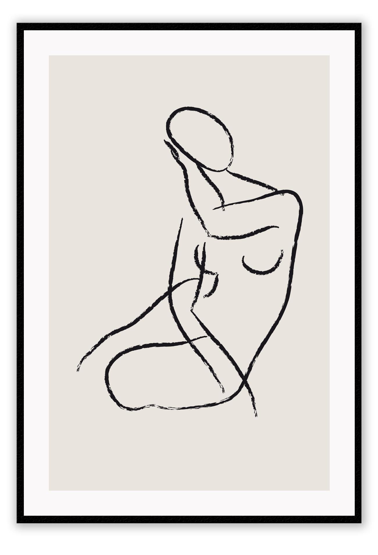 Line art woman lady bedroom minimal portrait print with black outline and beige background 