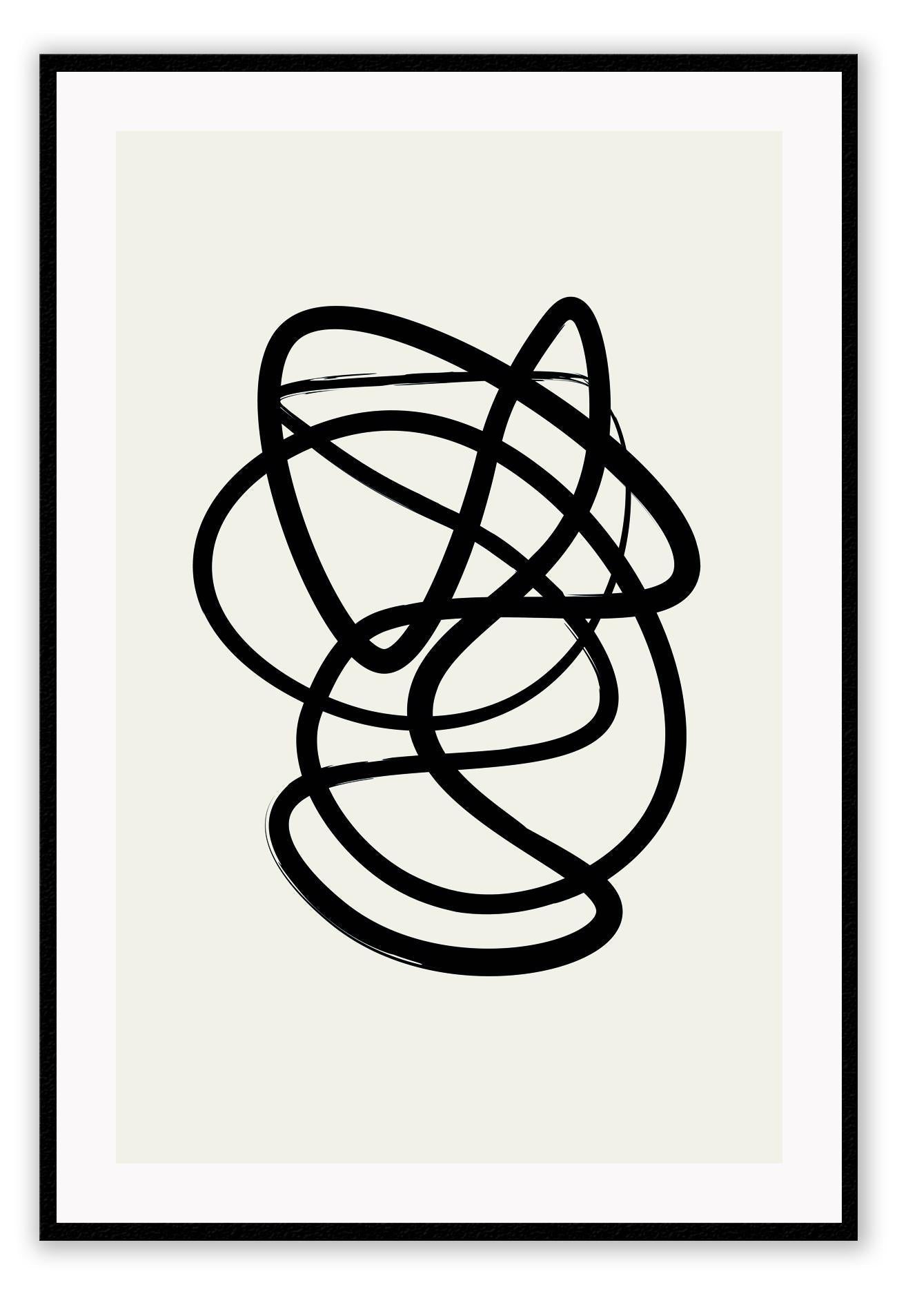 Abstract black and white squiggle print with textured black line and cream background 