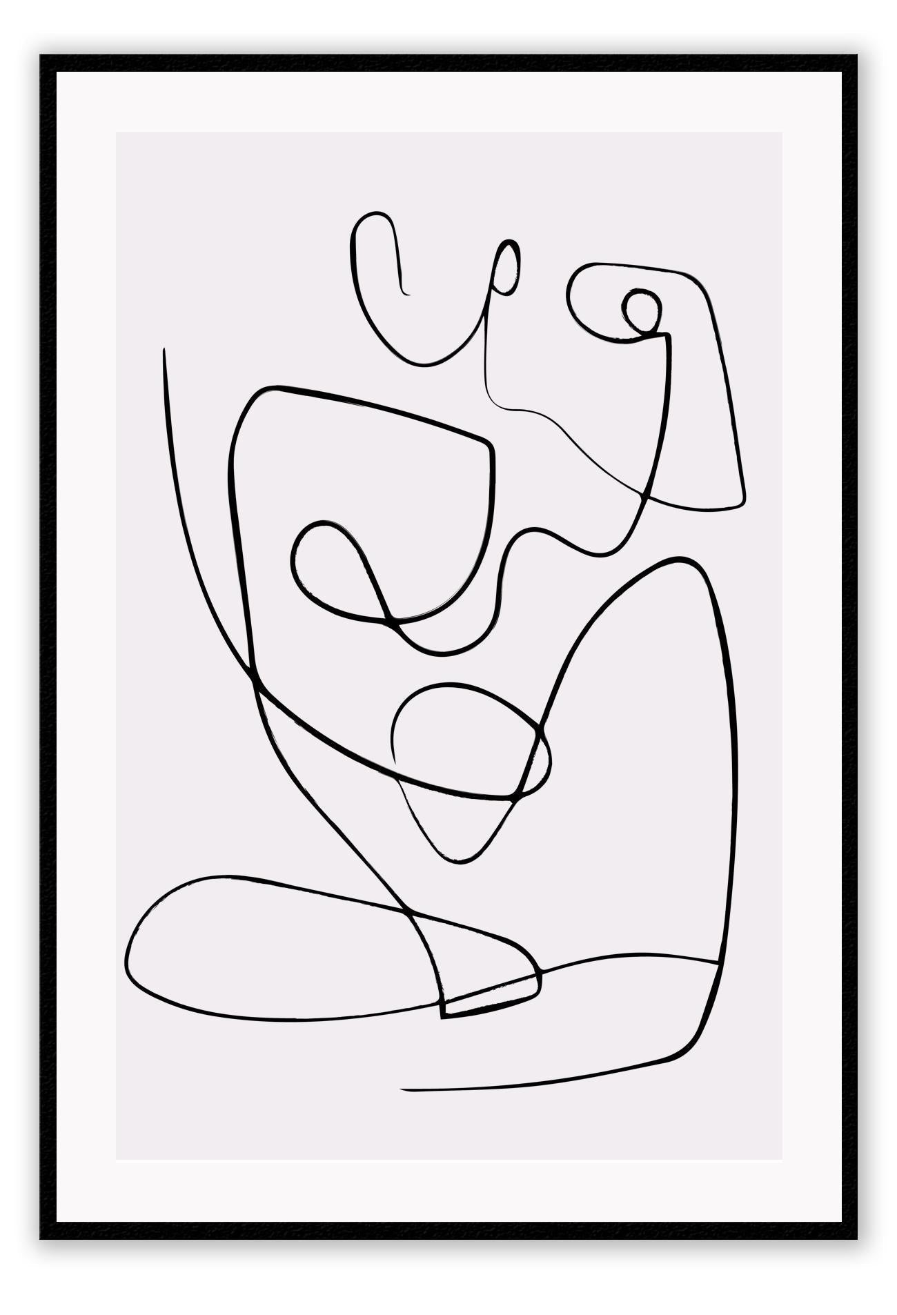 Line art print with black line creating female silhouette on a light pink background 