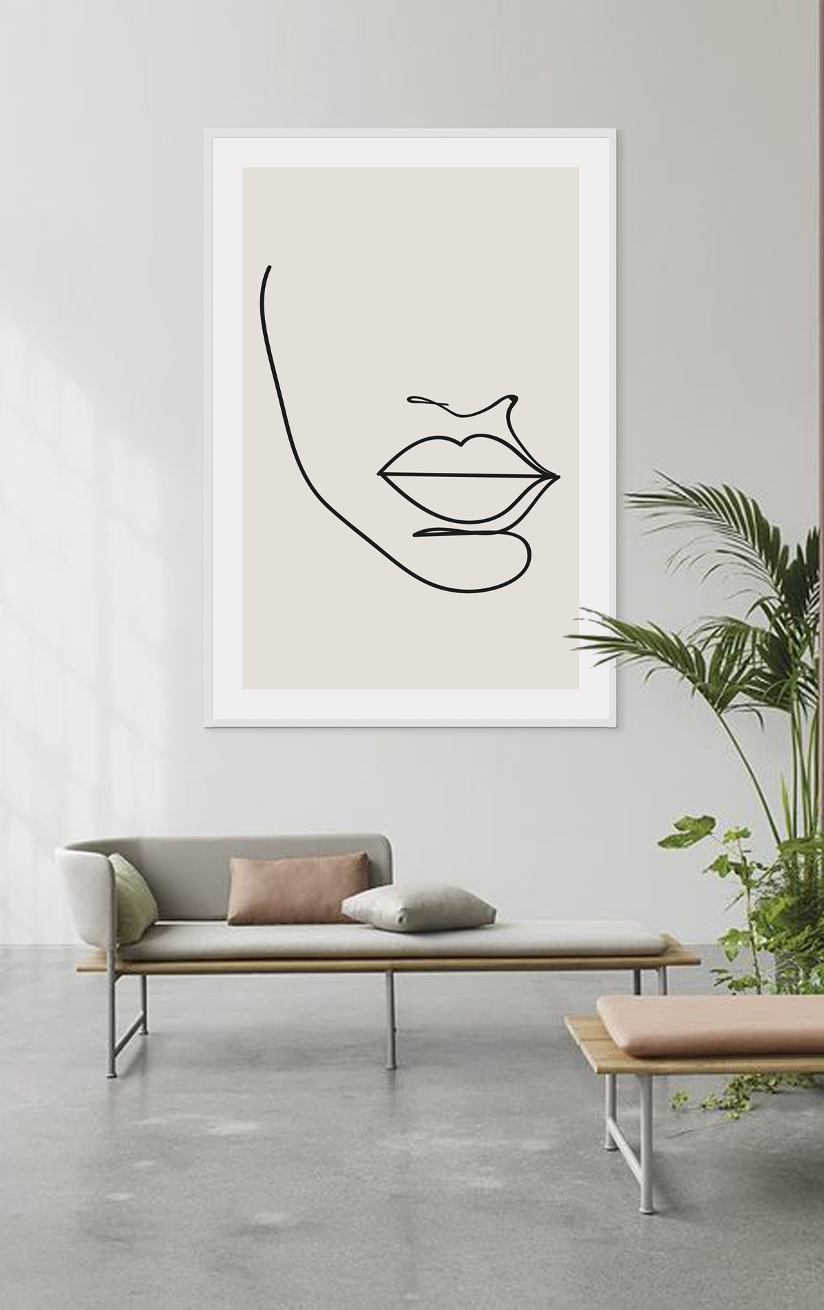 Abstract line art minimal print portrait mouth face black outline on beige background