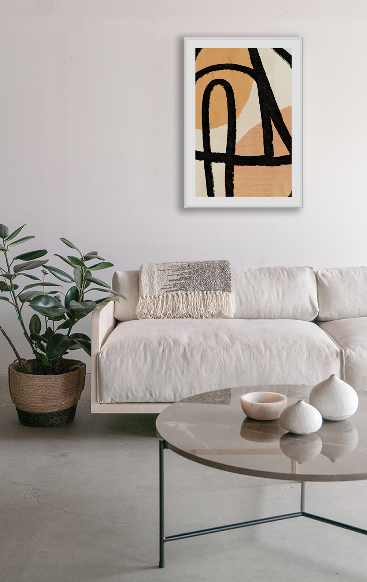 Abstract modern art print portrait landscape with black brushstroke line on top of orange and beige textured shapes.